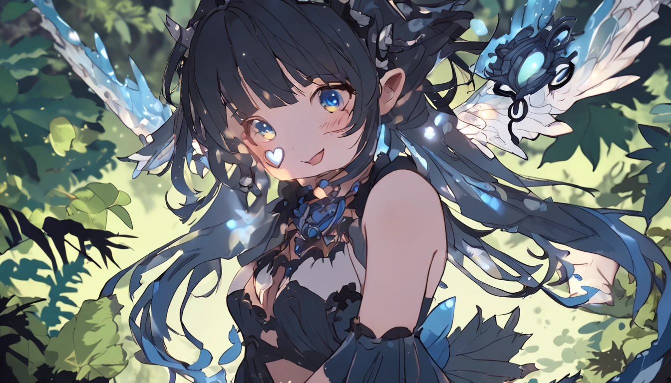 (masterpiece, best quality:1.2), 1girl, solo, cute, kawaii, digital art, magic circle, black hair, finely detailed eyes, embarrassed expression, sweat, frilly dress, blue color scheme, heart-shaped necklace, tiara, wielding a wand, dragon, forest, fire breath, wings, scales, sharp claws, spiky tail, trees, moss, moonlight filtering through leaves, fallen leaves, bushes, rocks, river, bridge, night clouds, starry sky, windy, leaves rustling
