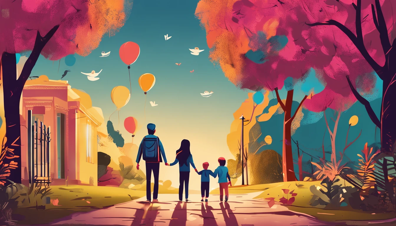 Detailed illustration of the best quality, Parents and two hand in hand, They are face to face happy, on the right side of the road, with a tree around, real-photo, Family next to the camera