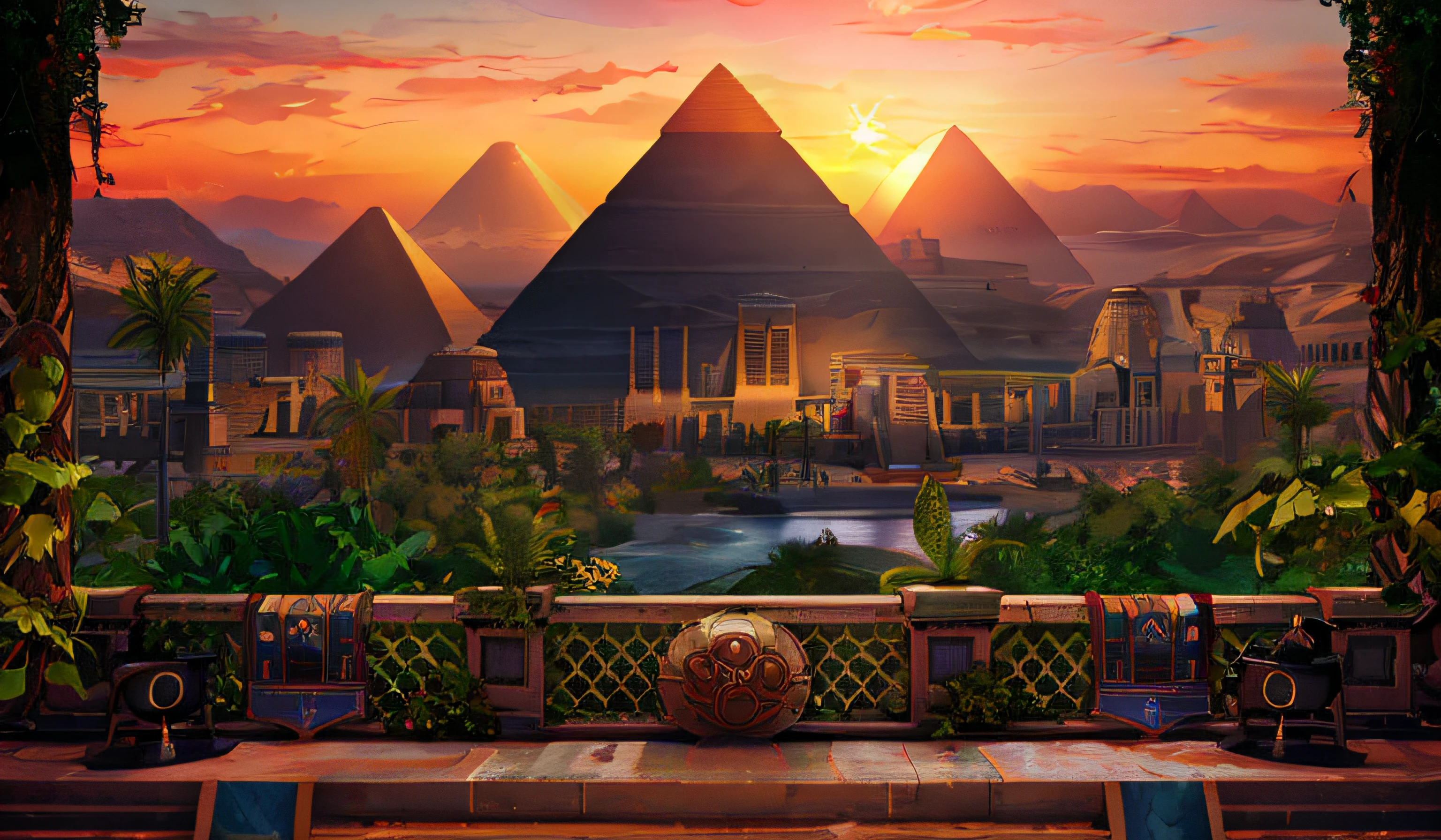 Sunset picture with a view of the pyramids, Egyptian setting, The ruins of the pyramid at sunset, Egypt, Egyptian Thematic Art, background illustration, Egyptian atmosphere, Environment of Egypt, Pyramid background, Pyramids of Egypt, Game Art Matte Painting, pyramids in the background, pyramids in the background, ancient Egypt, Egyptian landscape, illustration matte painting, background art, Stylized works of urban fantasy