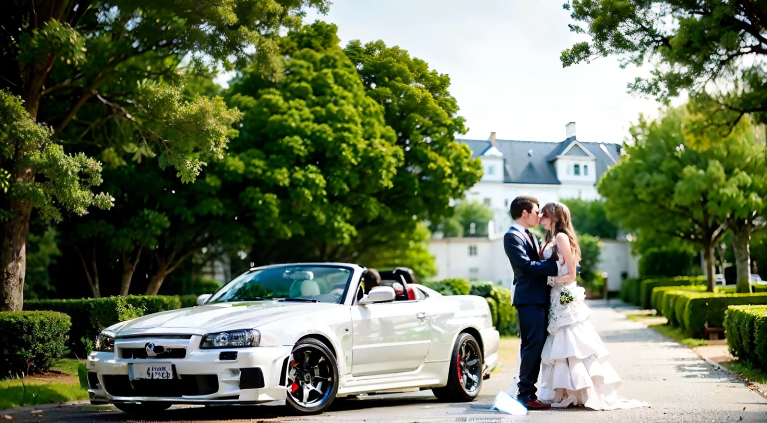 a bride and groom kiss in front of a white convertible car, by Julia Pishtar, luxurious wedding, vehicle photography, acclaimed masterpiece, delightful surroundings, car photography, luxury lifestyle, top down photo, lovely couple, an elegant couple, automotive photography, cinematic still, mercedez benz, professional wedding photography, top - down photo, outdoor fine photography