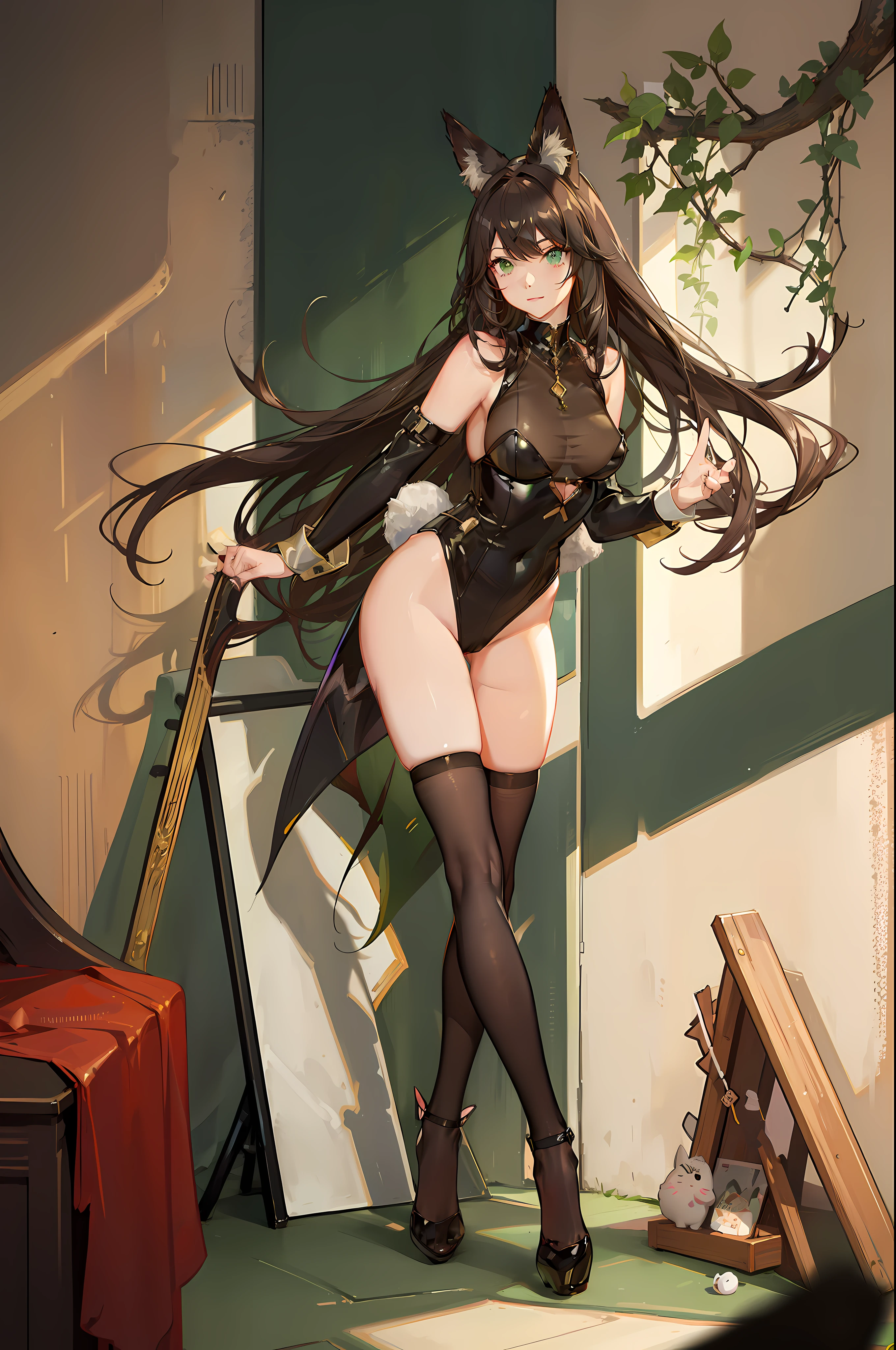 one woman, fox ears, fox tail, bunny suit, brown hair, green eyes, leotard, latex, leather, sexy, masterpiece, good hands, good fingers, good legs, good feet, good eyes, long hair,