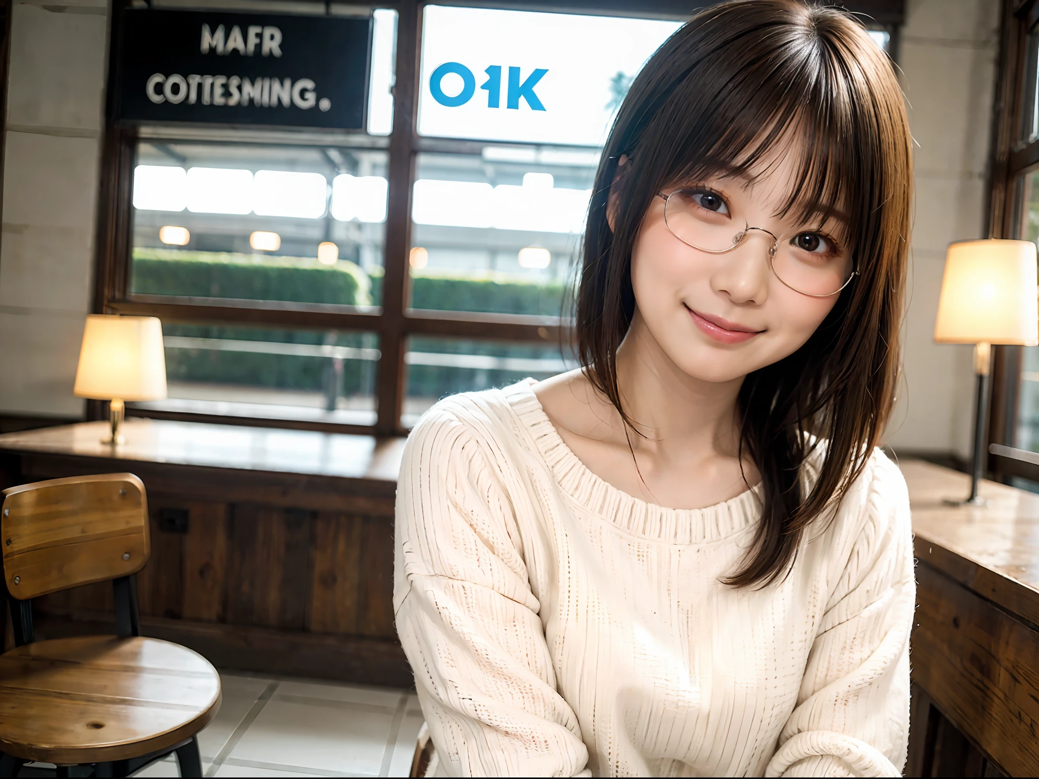 Japan girl in casual clothes in shopping mall、looking at the viewers、Pose with a smile(top-quality、masterpiece)))、hight resolution、ighly detailed、masterpiece、电影灯光、(8K、top-quality、masterpiece:1.2)、(realisitic、Photorealsitic:1.37) Hi-Res、The ultra-detailliert、1girl in 、Woman with glasses、Light colored glasses frames、asian human, cute little, cute face, 独奏, Short hair 1.2, Textured skin, beautiful smiling face, Beautiful detailed sky, Detailed Cafe, natta, 电影灯光, depth of fields, Lens flare light、sitting on、Dating、(blush nose)、(A smile:1.15)、(Mouth closed)tiny chest、beautiful finely detailed eyes、(Sweaters:1.1)、natta、(shorth hair:1.2)、Floating hair Nova frog style、