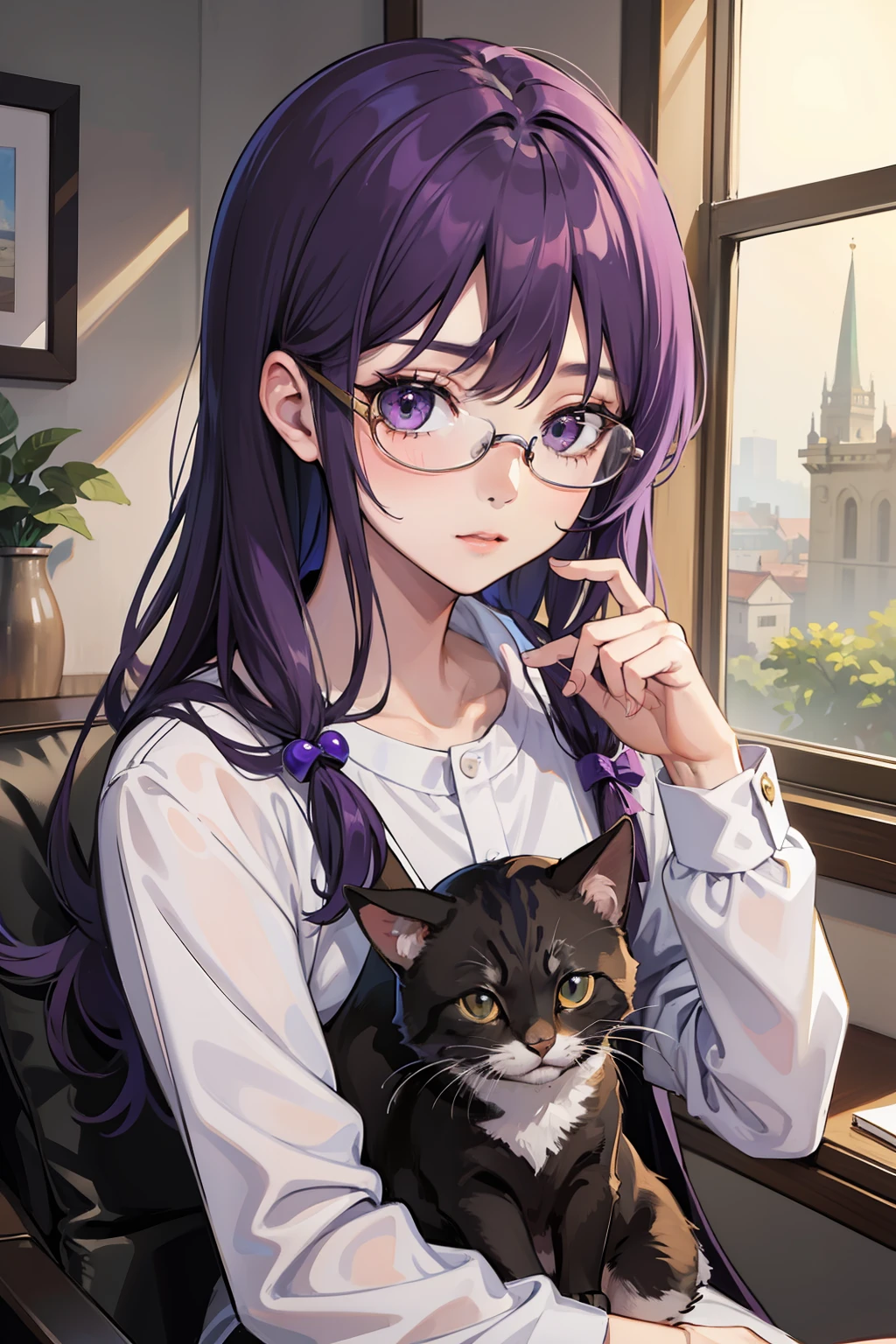 Man holding cute kitten、twinks、serene expressions、eyeglasses, purple hair