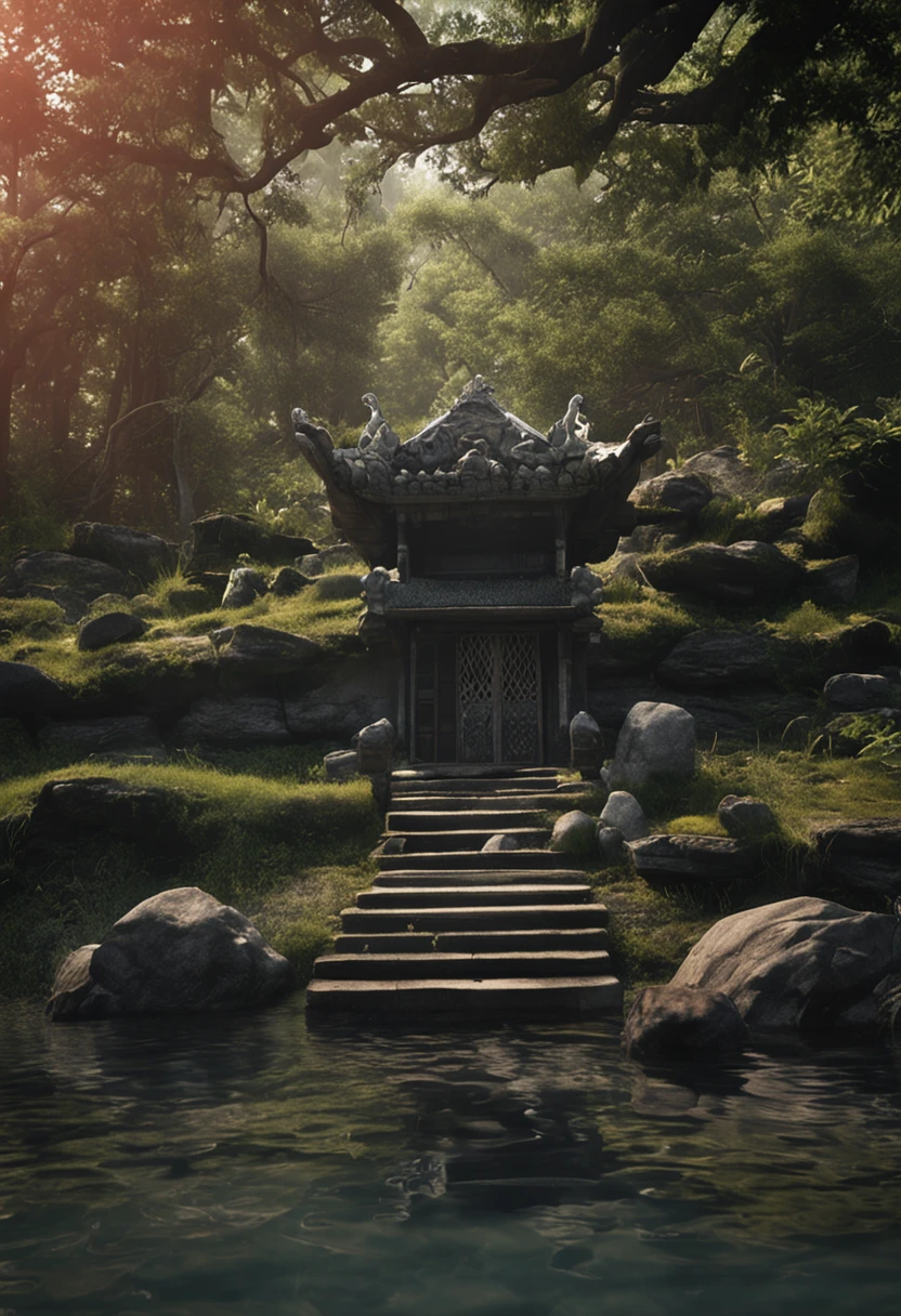 Under the moonlight as clear as water,The old man sat on the stone steps in front of the door。Listen to the cicadas chirping in your ears,Looking at the slight ripples in the lake