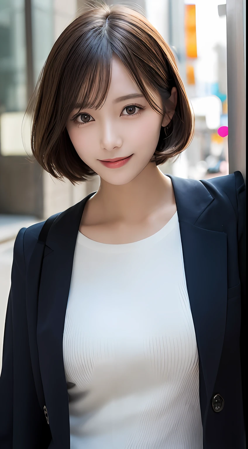 masutepiece, Best Quality, Illustration, Ultra-detailed, finely detail, hight resolution, 8K Wallpaper, Perfect dynamic composition, Beautiful detailed eyes, Women's Fashion Summer,Shorthair,small tits,Natural Color Lip, Bold sexy poses,Smile,Shinjuku、20 years girl、Cute、Sexy shot looking at camera