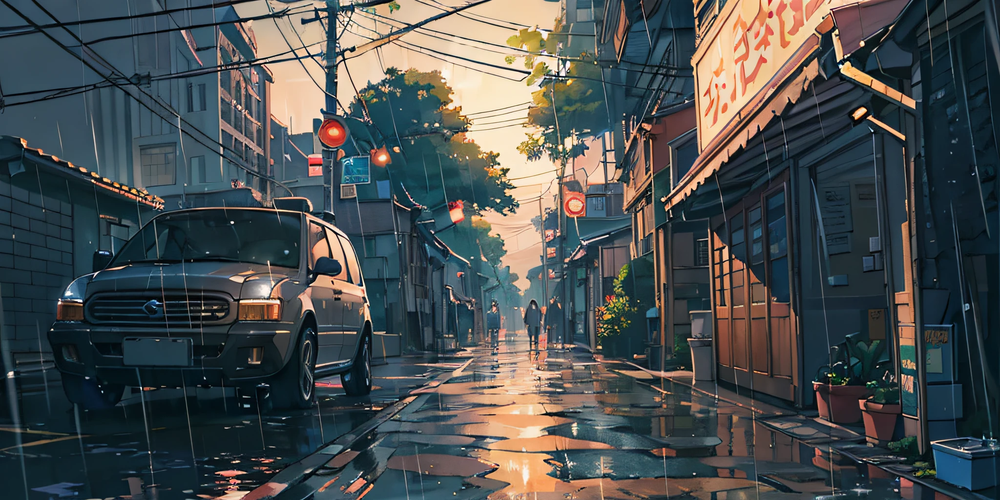 Morning，An apartment downstairs，In heavy rain，The streets were empty，Only torrential rain poured down，the night，concept art inspired by Makoto Shinkai，best qualtiy，beautiful anime scenes，anime scene，Movie anime scenes，the night，Fantasy anime，atmospheric anime，Detail Enhancement。