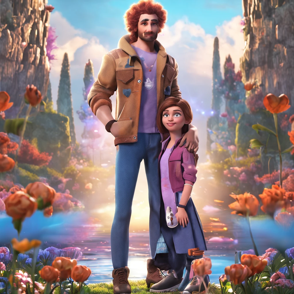 ,masterpiece, best quality,8k, ultra highres,(couple,1male people,1womanl),Magic Mentor,Heterochromic pupils,squinty eyes,Fluffy hair,One-eyed patch,denim short,Plaid tights,Bird wings,duck sitting,Yay,Valentine's Day,dingdall effect,Fireworks basics,Frappuccino,Flowers method