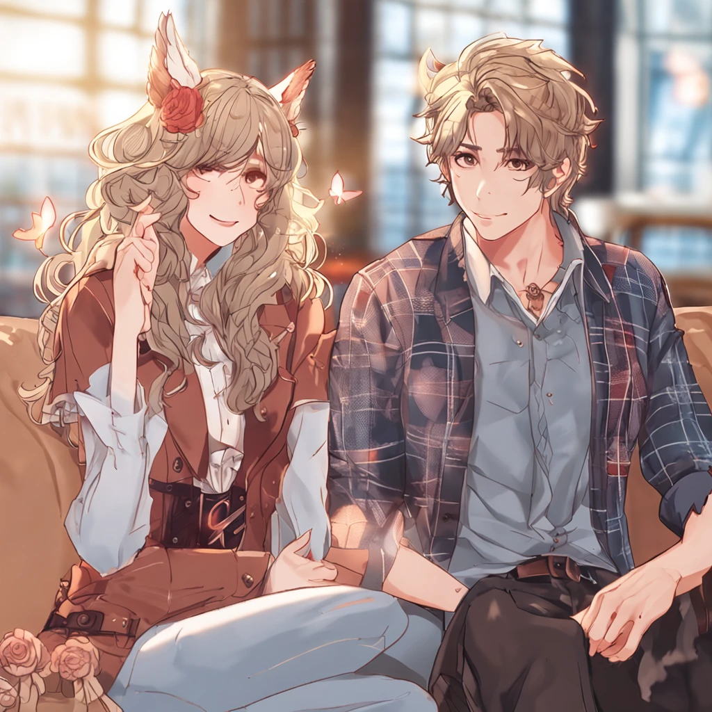 ,masterpiece, best quality,8k, ultra highres,(couple,1male people,1womanl),Magic Mentor,Heterochromic pupils,squinty eyes,Fluffy hair,One-eyed patch,denim short,Plaid tights,Bird wings,duck sitting,Yay,Valentine's Day,dingdall effect,Fireworks basics,Frappuccino,Flowers method