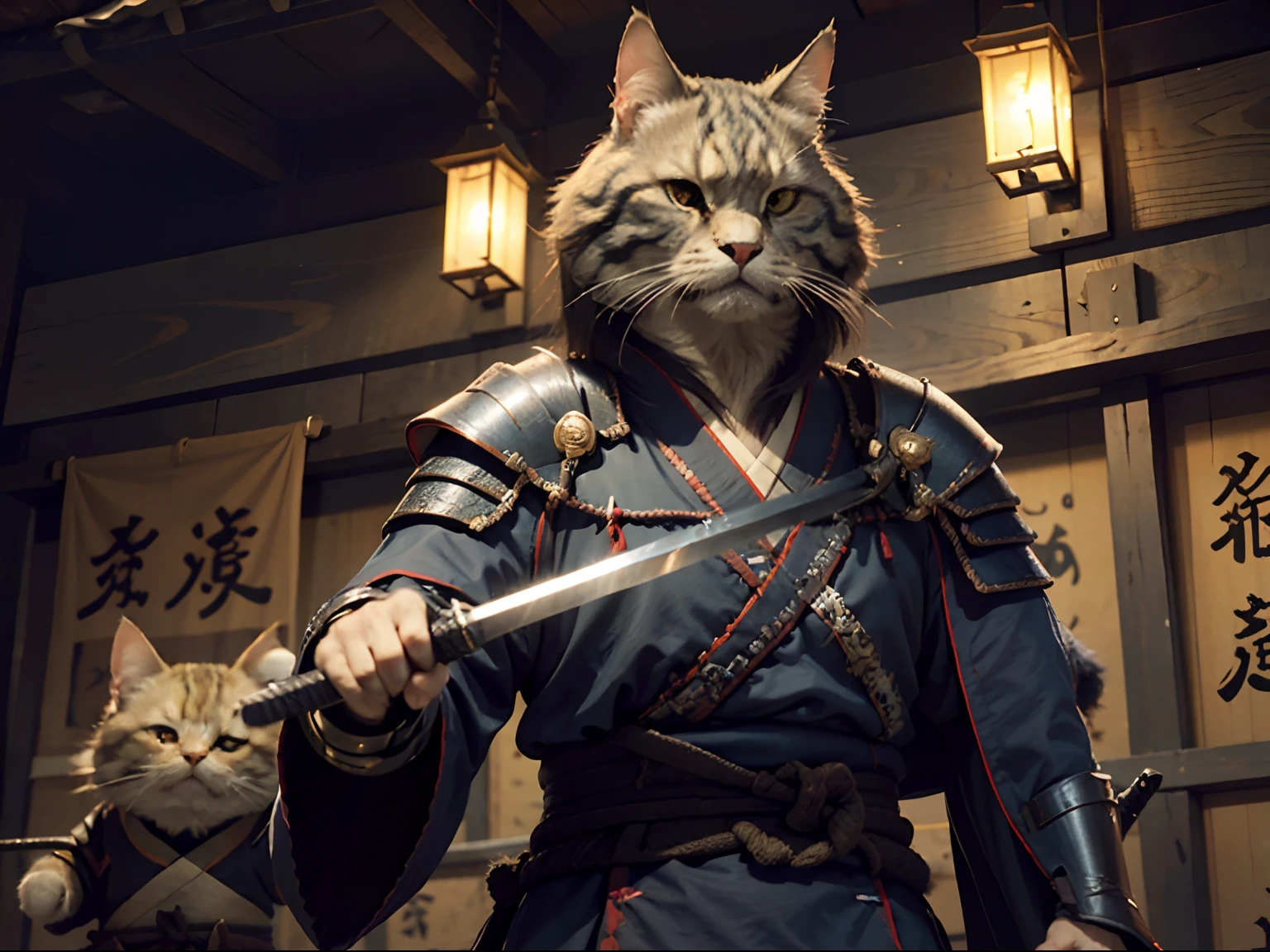 c4ttitude, samurai, vigilant, Yeux en amande, furrowed brow, fourrure lisse, guerrier, disciplined, focused, Armored kimono, Guarded cover, acier, pattes griffues, Katana, feudal Japan, rue, honorer, duel, Confrontation scene,