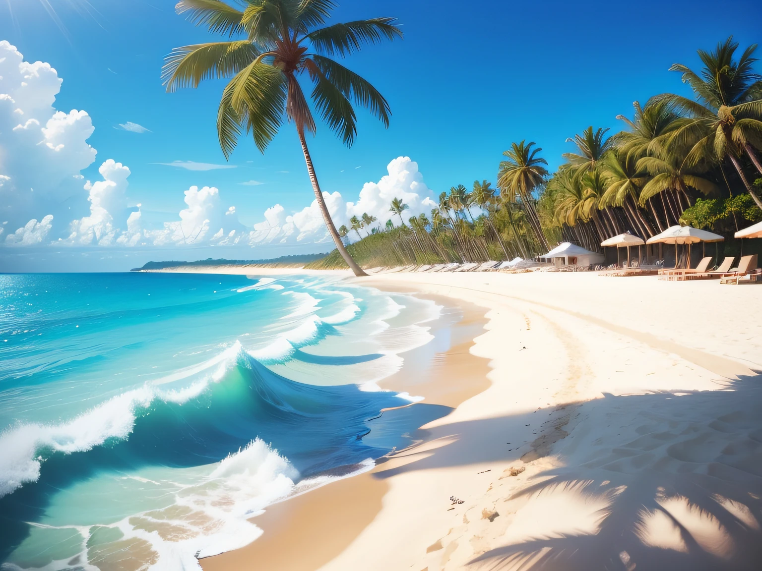 Enchanting blue sky on the beach、The water is crystal clear、White sand beaches are endless。The scenes are action-packed and breathtaking.、Palm trees are gently swaying。Immerse yourself in a calm atmosphere、Be enveloped in tranquility。