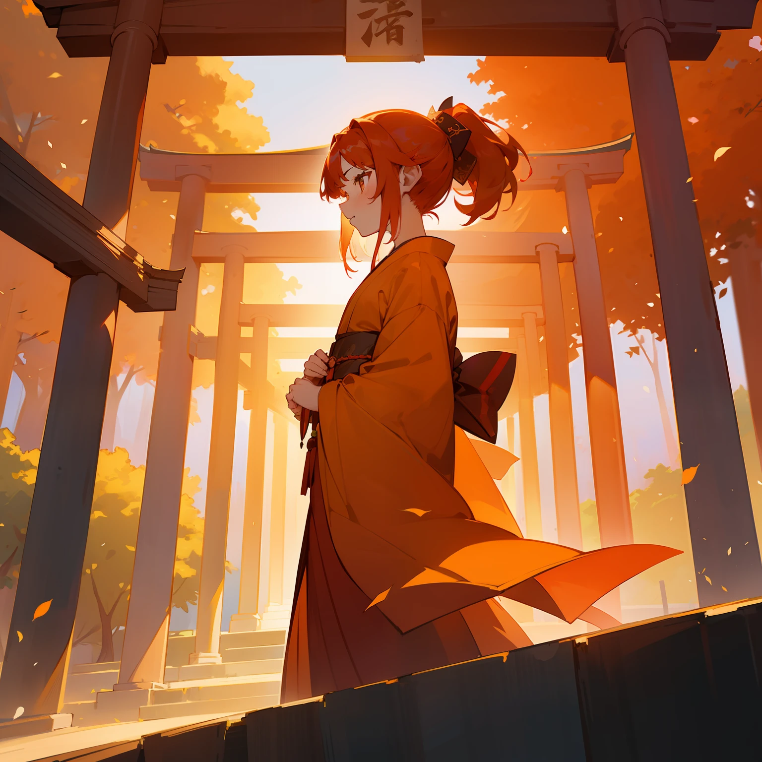 Beautiful and aesthetic evening、One girl stood in the precincts of the shrine。Her orange and red colorful hair is、Twinkle in the moonlight、It shone as one with her orange and red colorful kimono。Her cheeks were shaking in her hands.、The light added to the mysterious atmosphere.。In the distance, the shadow of the torii gate is swaying.、All of them created a fantastic scenery。