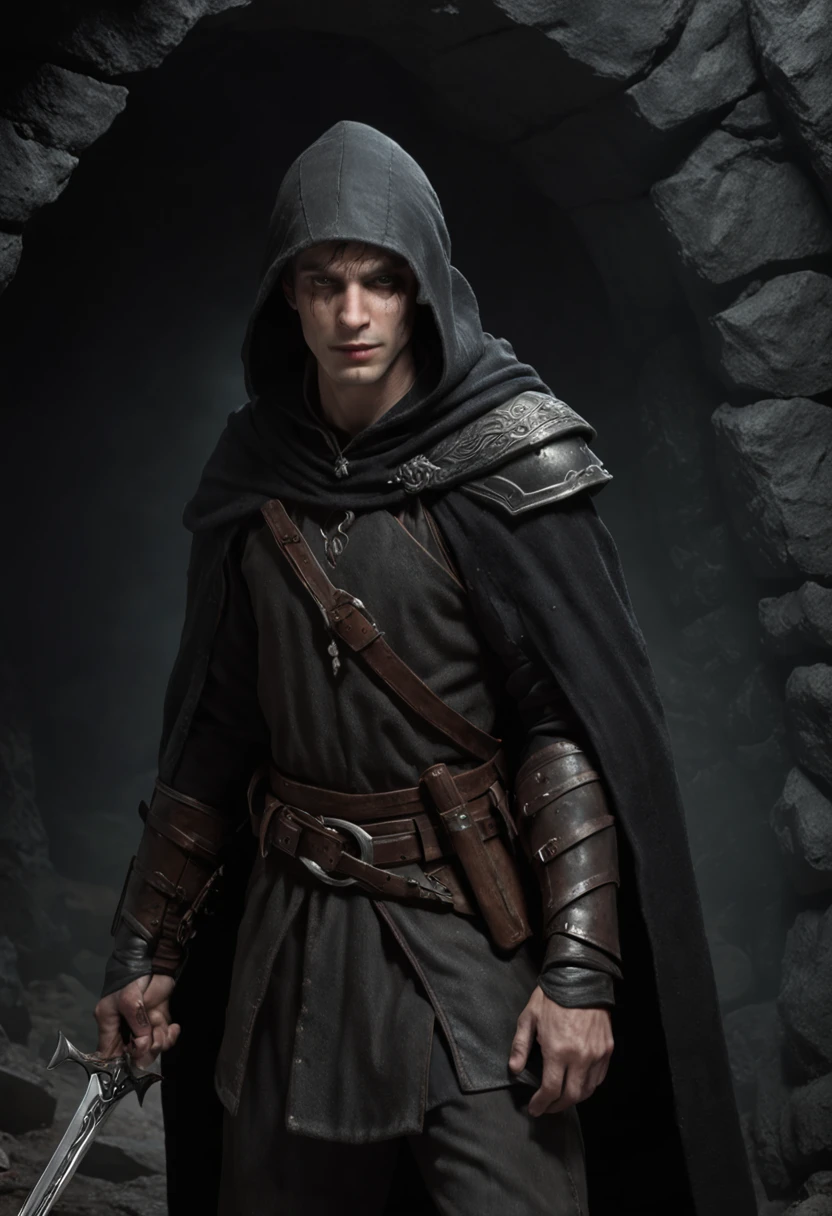 lone man half-elf warrior, pale, With gray eyes, with short dark hair, in a black cloak with a hood, in armor, In a dark cave, Wounded, scar on the neck, full-length portrait, D&D, fantasy, an intricate, Detailed, digitalpainting, artstation, ConceptArt, Smooth, Hard Focus, illustartion