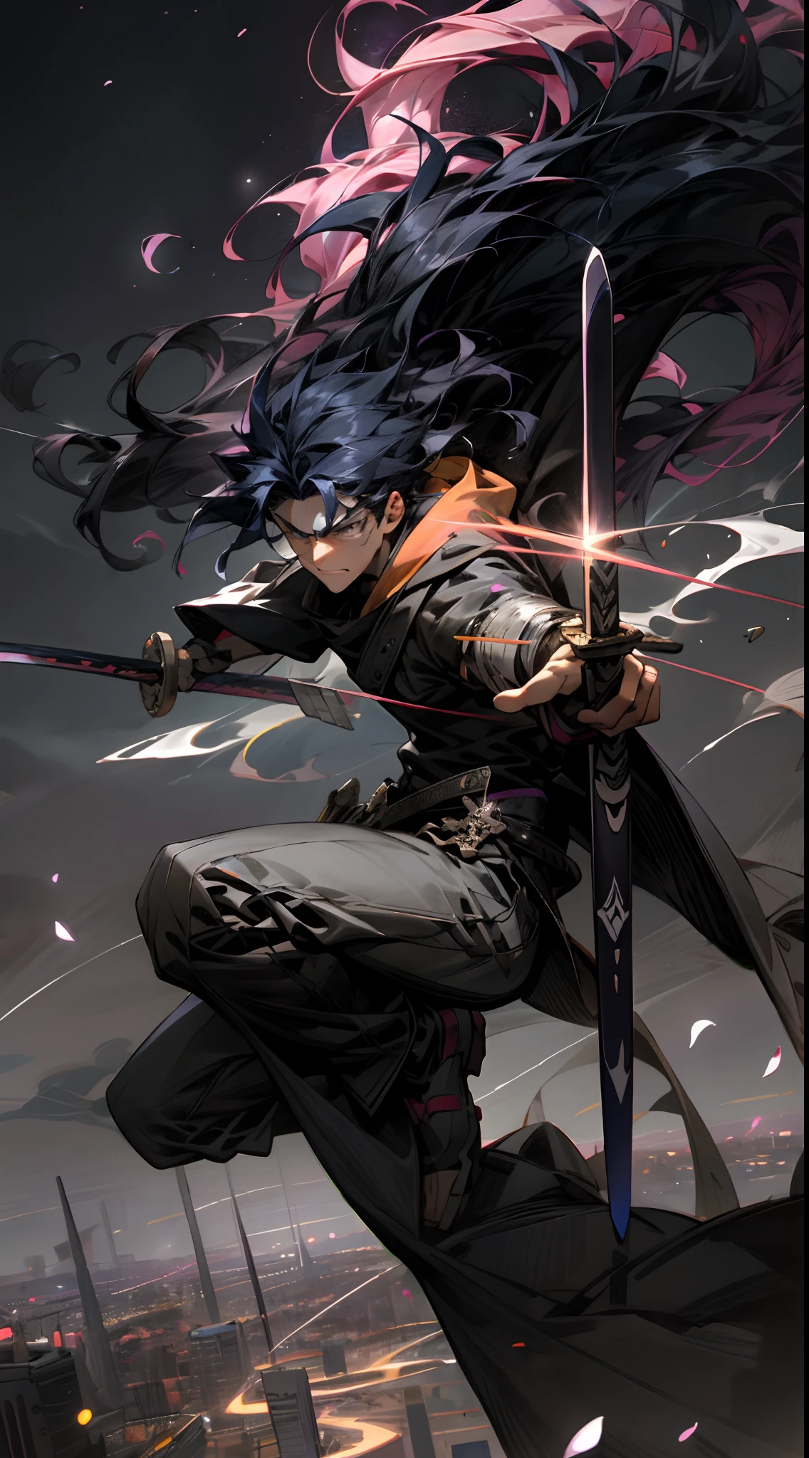 a handsome guy, floating in the air, he is surrounded by the twenty swords, Purple, The background is the sky above the city. Unlimited Blade Works, Tyndall effect, glow special effects, in the style of anime art, romantic graffiti, gongbi, realistic pop, neo fauvist, Knolling, 8k.