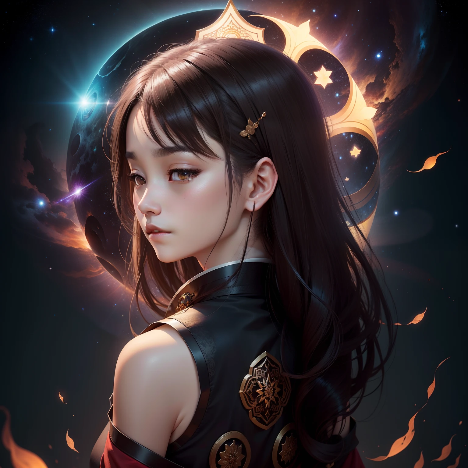 Creative avatars,HD graphics,4K adult oriental woman,dark brown hair,The back of meditation,In the universe of stars。Spirituality comes,Float,Realistic scene,Practitioners,divine rays,Tranquil emptiness。