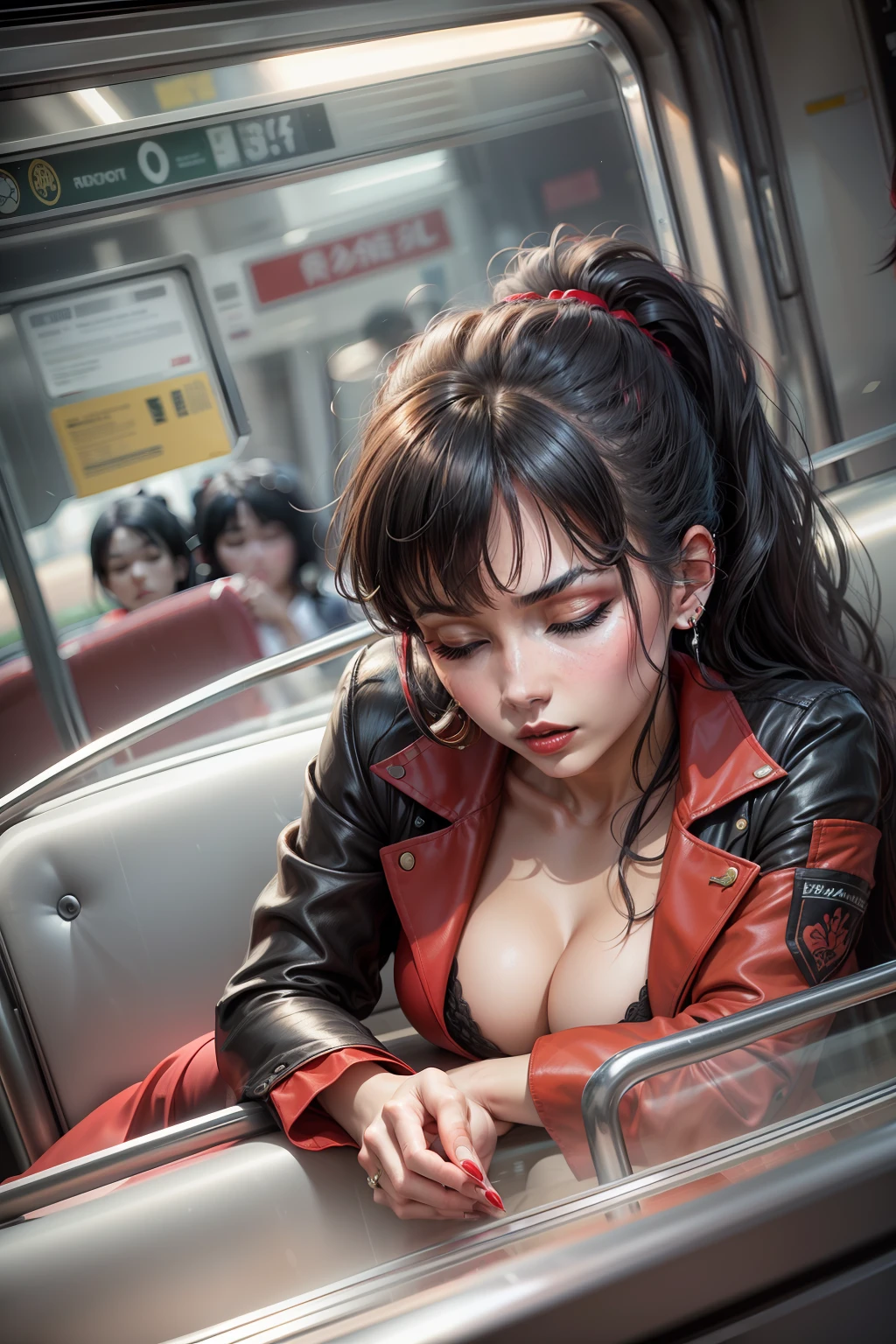 1 beautiful woman, 30 years old, made up face, full lips, black hair, hair in a ponytail, ponytail, bangs, small earrings, red suit, cleavage, red skirt, red lips, black shoes, big nails, made up eyelids, asleep lying on the bus, eyes closed, mouth open.