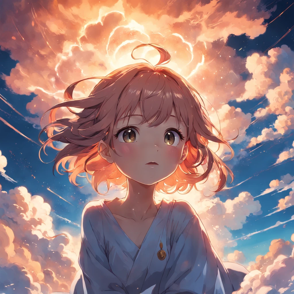 masterpiece, best quality, movie still, 1girl, cloud girl, floating in the sky, close-up, bright, happy, warm soft lighting, sunset, (sparks:0.7)