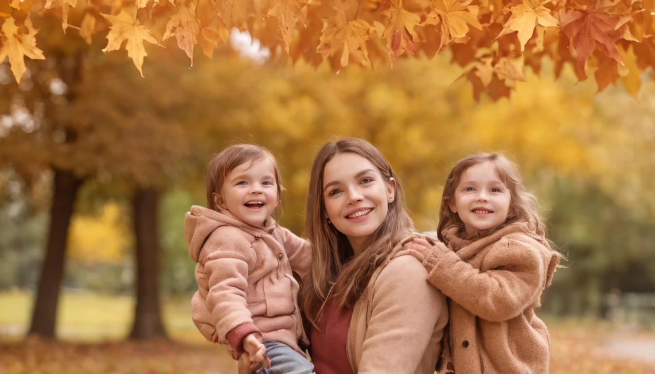 (masterpiece, best quality) Happy family enjoying the vibrant autumn leaves in the park. A loving mother surrounded by her three cheerful kids.