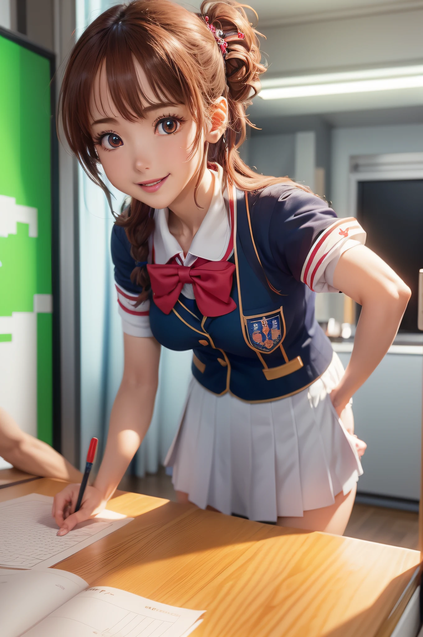 (extremely detailed CG unity 8k wallpaper, masterpiece, best quality, ultra-detailed), anime-style, school uniform, academia, cute girl, dynamic pose, vibrant colors