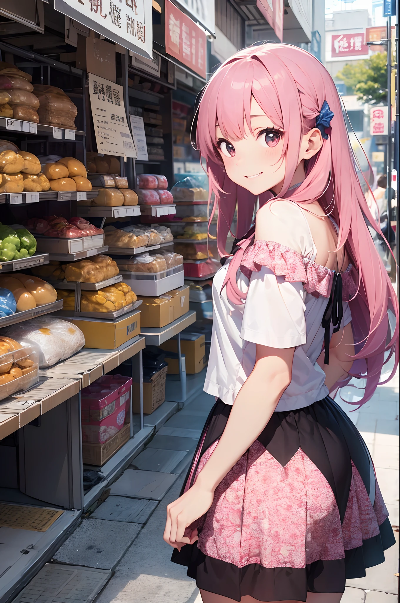 (8K, Raw photography, top-quality, masterpiece:1.2), 1girl in, 3 d,A pink-haired、The long-haired、posterior view、Off-shoulder short sleeve blouse、backless、flare miniskirt、Asian, shopping mall、A smile、