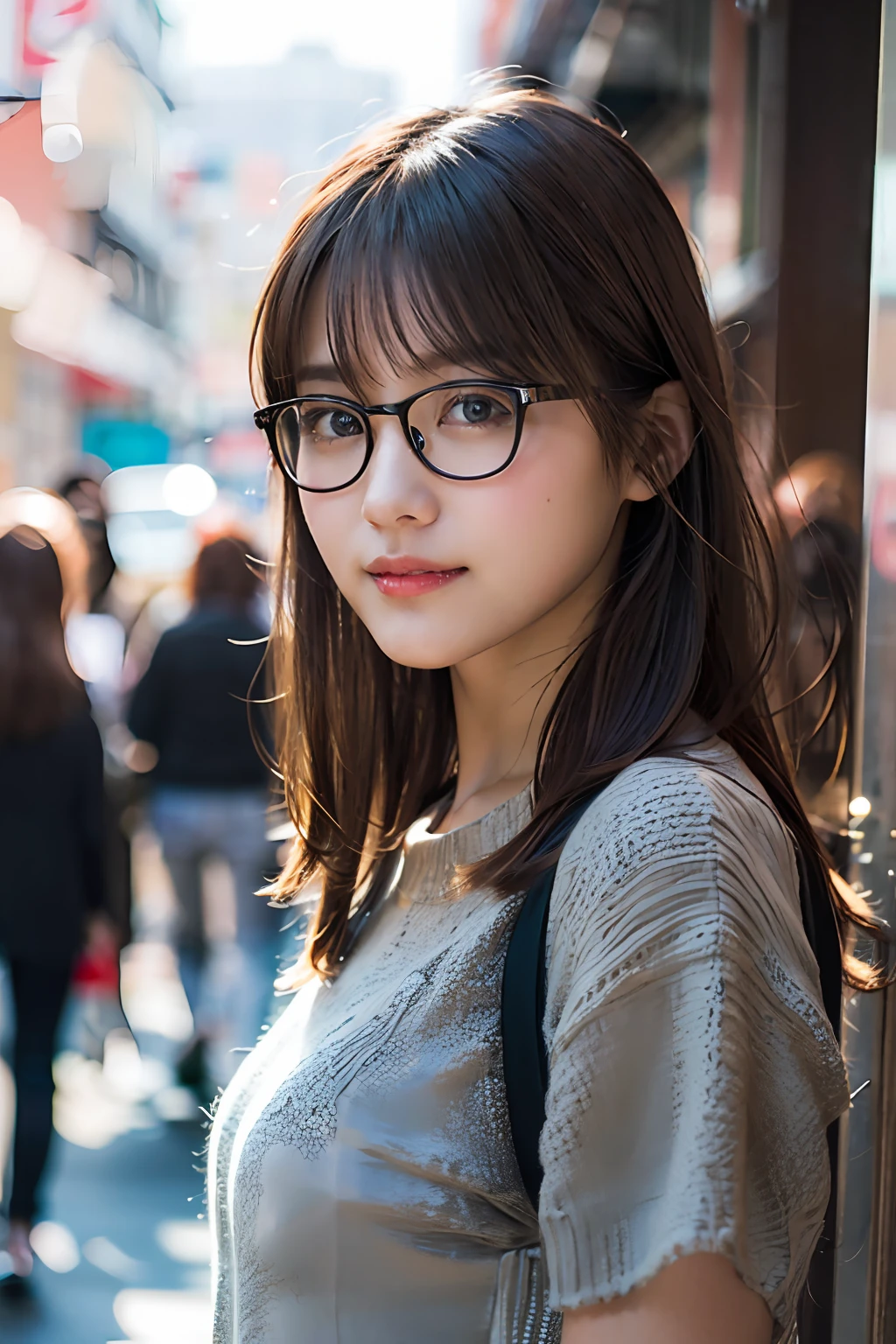 (8K、Raw photography、top-quality、​masterpiece:1.2)、(realisitic、Photorealsitic:1.37)、ultra-detailliert、超A high resolution、女の子1人、see the beholder、beautifull detailed face、A smile、Constriction、(Slim waist) :1.3)、blancheＴThe shirt、Beautiful detailed skin、Skin Texture、Floating hair、Professional Lighting、In the street、Rimmed glasses、Whole human body、Brown hair