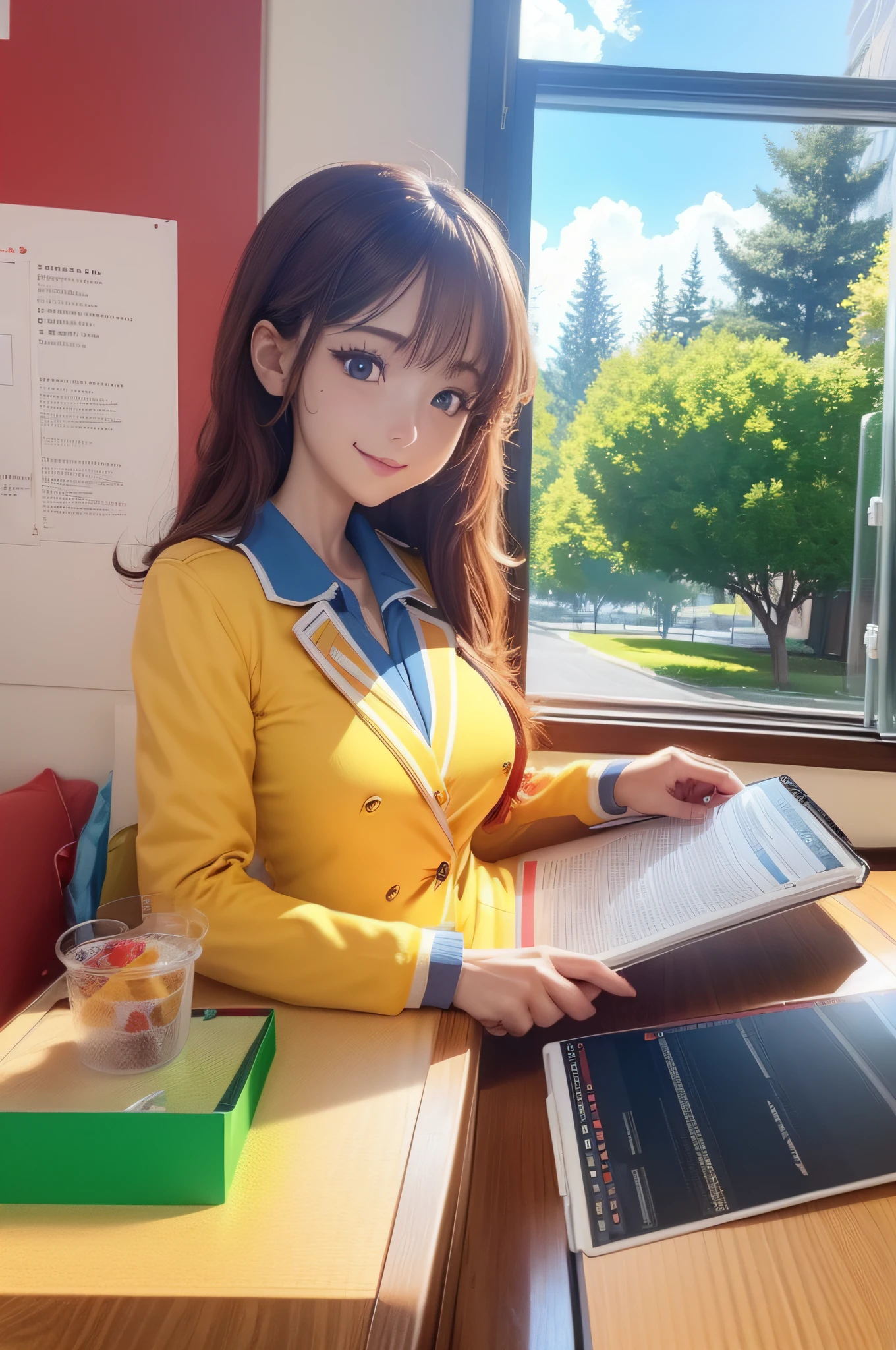 (extremely detailed CG unity 8k wallpaper, masterpiece, best quality, ultra-detailed), anime-style, school uniform, academia, cute girl, dynamic pose, vibrant colors