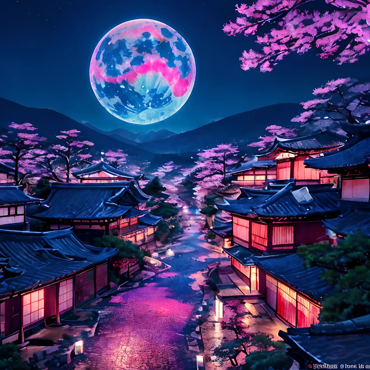 Una calle de la ciudad brillantemente iluminada con luna llena en el cielo, Colorida ciudad de Kitsune, japanese art style, Arte de fondo del anime, Anime Hermosa escena de paz, japan at night, Luna rosa, Ciudad japonesa, Ciudad japonesa de noche, Ciudad japonesa, Hermosa obra de arte digital, Inspirado en Kioto, Hermoso escenario de anime, Hermosa escena de anime, Arte digital de estilo anime, Estilo anime 4K