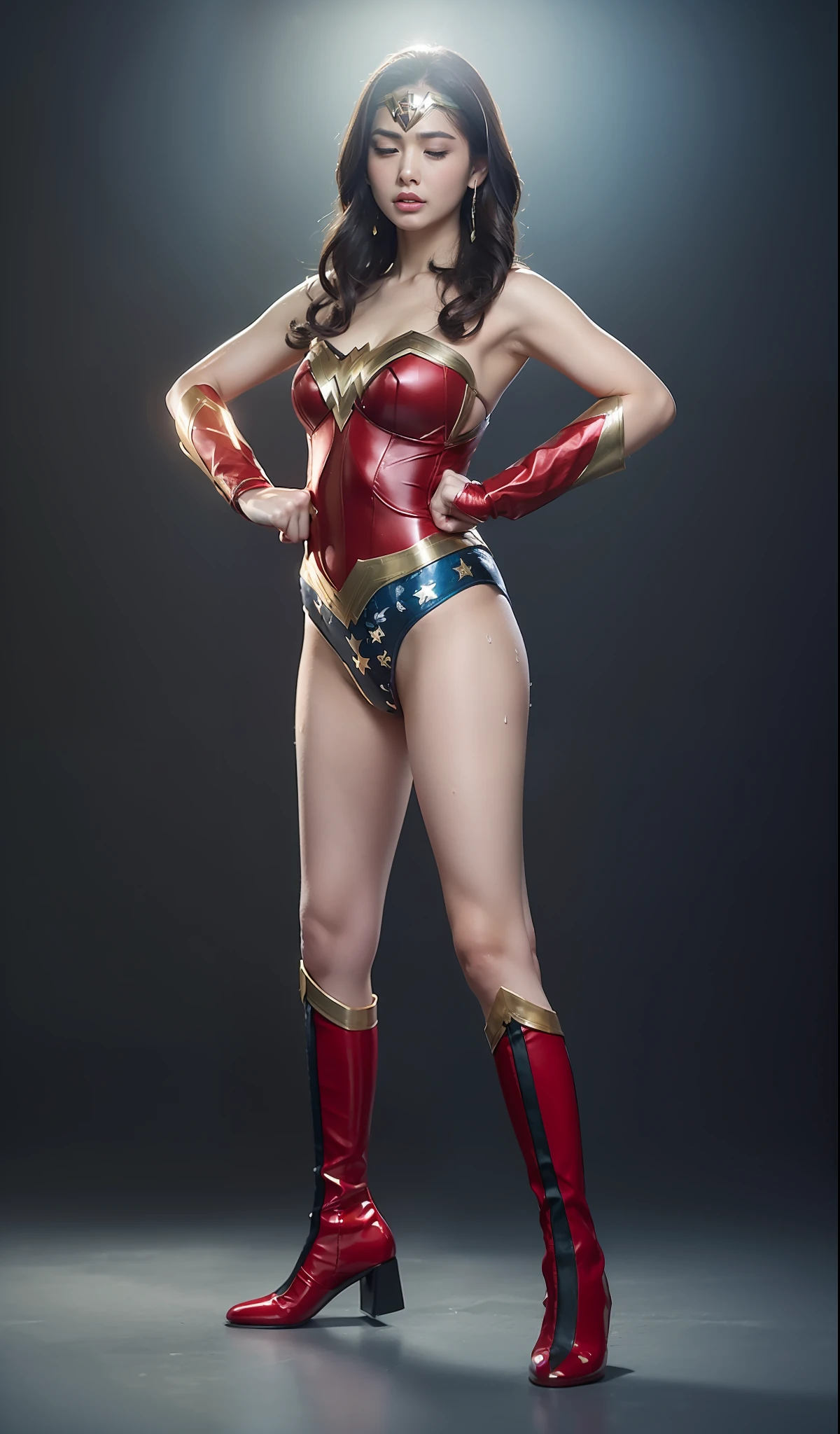 (((Make the most of the original image)))、(((Wonder Woman Costume)))、(((Banzai)))、(((and draw the full body)))、(((Hang upside down)))、(((Eyes closed)))、(((a short bob、lustrous dark hair)))、(((Suffering)))、(((The cloak is red)))、(((Wearing stockings)))、(((Costumes are torn to shreds)))、((Top image quality、8K))、((top-quality、8K、​masterpiece:1.3))、Crisp focus:1.2、Beautiful woman with perfect body shape:1.4、Slender Abs:1.2、((layers-Cut))、a wet body:1.5、Highly detailed facial and skin texture、