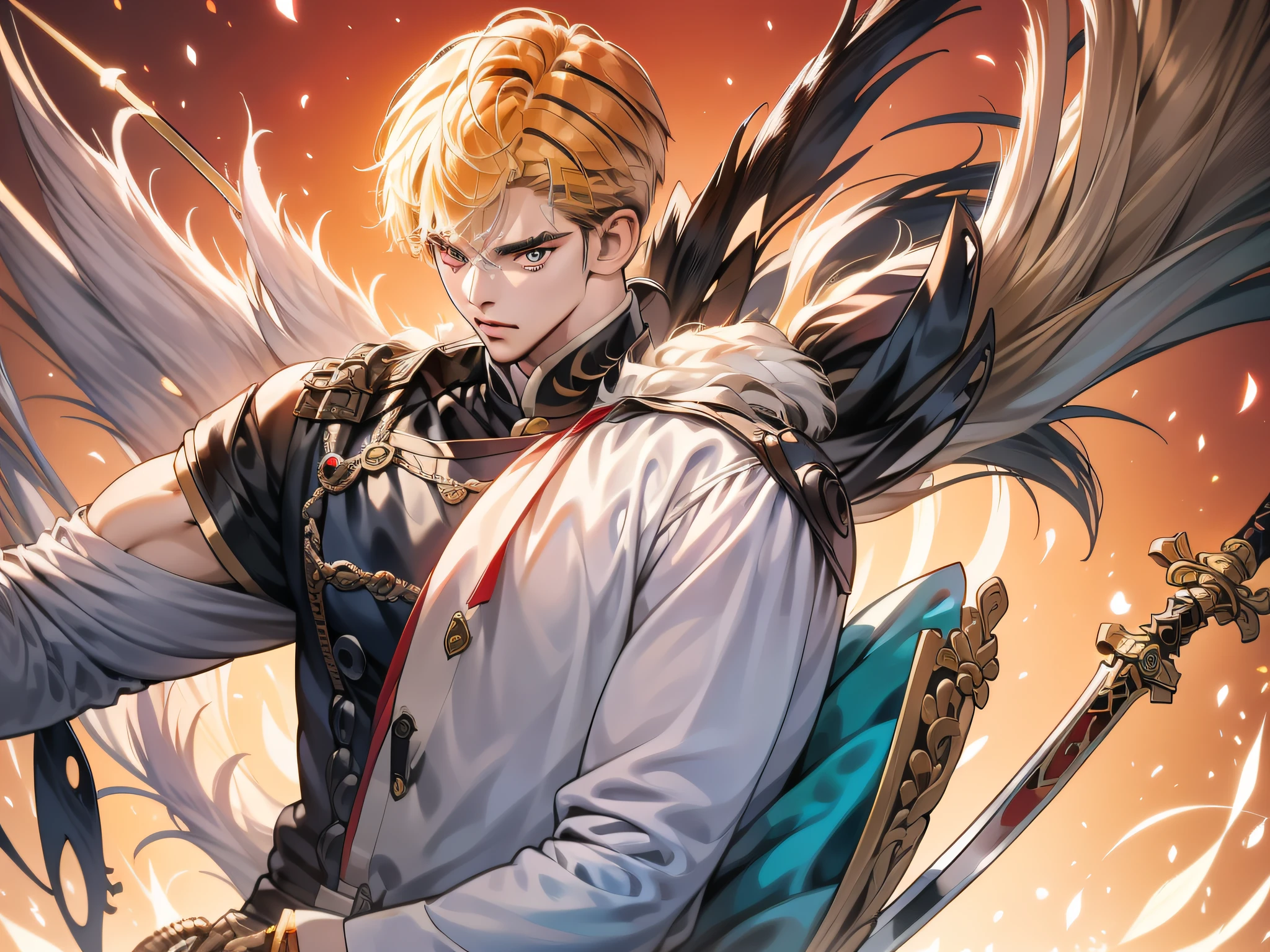 Highly detailed anime men:1.5,Anime character with sword and armor in front of red background, Handsome Man in Demon Killer Art, heise jinyao, handsome japanese demon boy, keqing from genshin impact, Zhao Yun, onmyoji detailed art, shirow masamune, inspired by Guan Daosheng, by Yang J, xianxia hero, badass anime 8 K