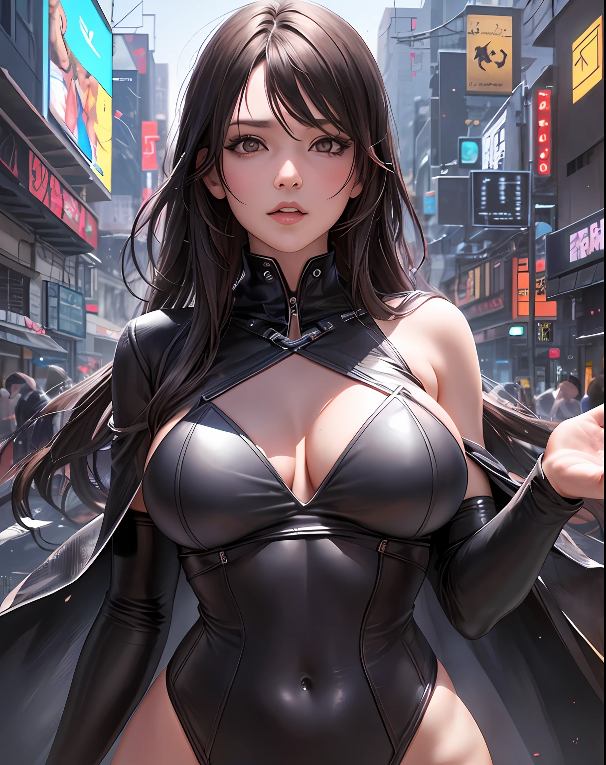 Close-up of a woman posing in a leather costume, Extremely detailed artistic germ, Badass 8K anime, seductive anime girls, Alena Aenami and Art Germ, Art germ. anime illustration, Artgerm style, IG model | Art germ, Art germ. High detail, 8K high quality detailed art, Realistic, Long hair flying, Black cloak flying, décolleté, Stunning, Real world, Realistic photography, Cyberpunk