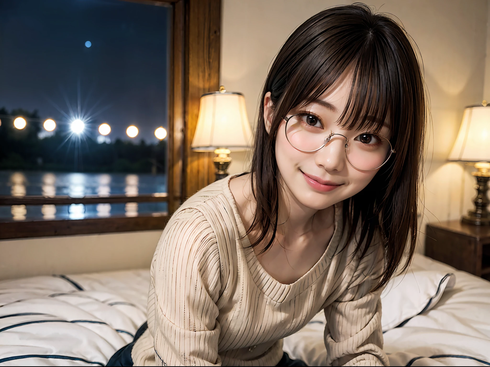 Japan girl in casual clothes in hotel room at night、looking at the viewers、(top-quality、​masterpiece)))、hight resolution、ighly detailed、​masterpiece、电影灯光、(8K、top-quality、​masterpiece:1.2)、(realisitic、Photorealsitic:1.37) Hi-Res、The ultra-detailliert、Woman with glasses、Thin frame round glasses、Light colored glasses frames、asian human, cute little, cute  face, 独奏, Short hair 1.2, Textured skin, beautiful smiling face, Beautiful detailed night sky, Detailed night view, 电影灯光, depth of fields, Lens flare light、Sitting in bed、Dating、(blush nose)、(A smile:1.15)、(Mouth closed)tiny chest、beautiful finely detailed eyes、(Sweaters:1.1)、natta、(shorth hair:1.2)、Floating hair Nova frog style、