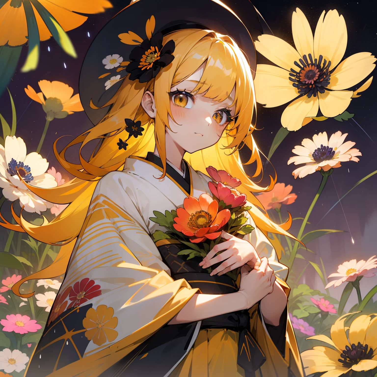 (Beautifully Aesthetic:1.2)、(1girl in:1.3)、(colourful hair、Half orange and half yellow hair:1.2)、Eau、natta、colourfull、Orange and yellow anemone flowers bloom、Anemone blooming on the hair、natta、beautiful night、starrysky、rain is falling、Sateen、Fantastic night、Japanese dress