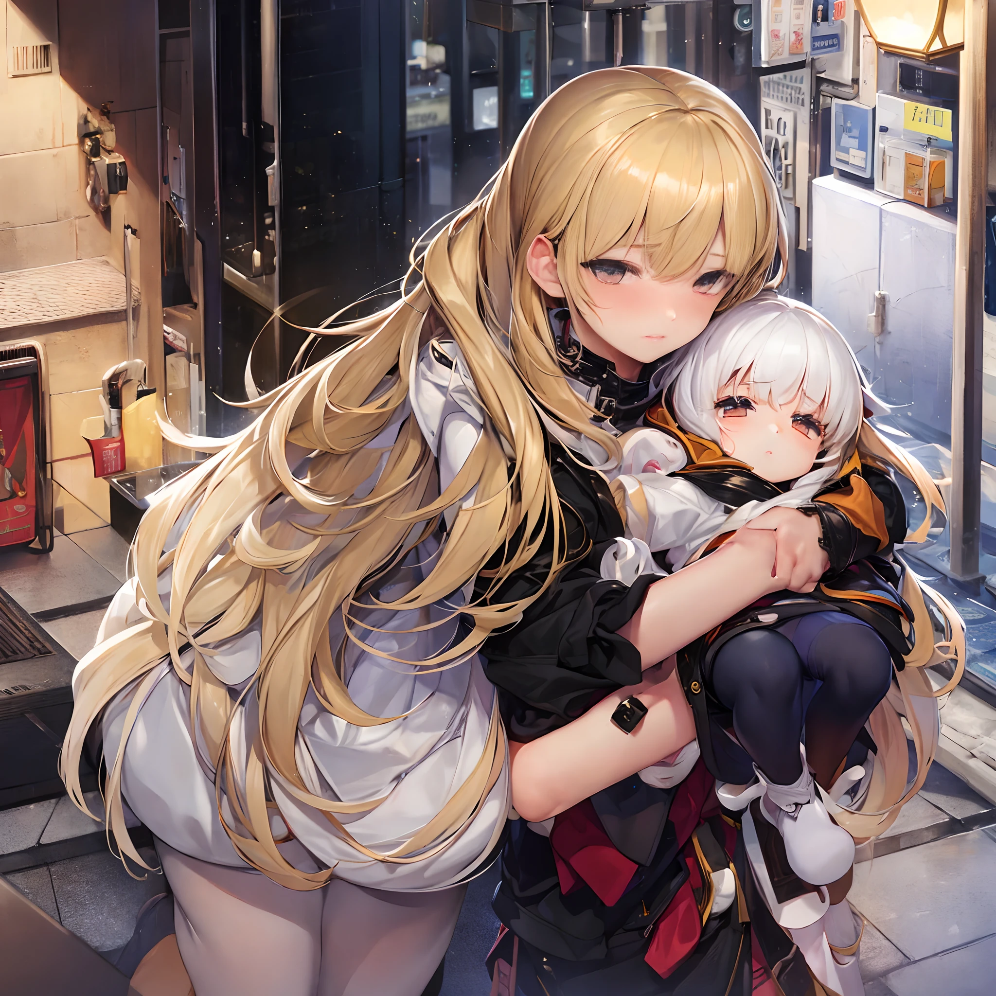 A  girl with blonde hair and hazel eyes holding a 2 years old gihite hair and hazel eyes in her arms, looking at the viewer while hugging, and a bit scared and Poor sleeping on the streets.