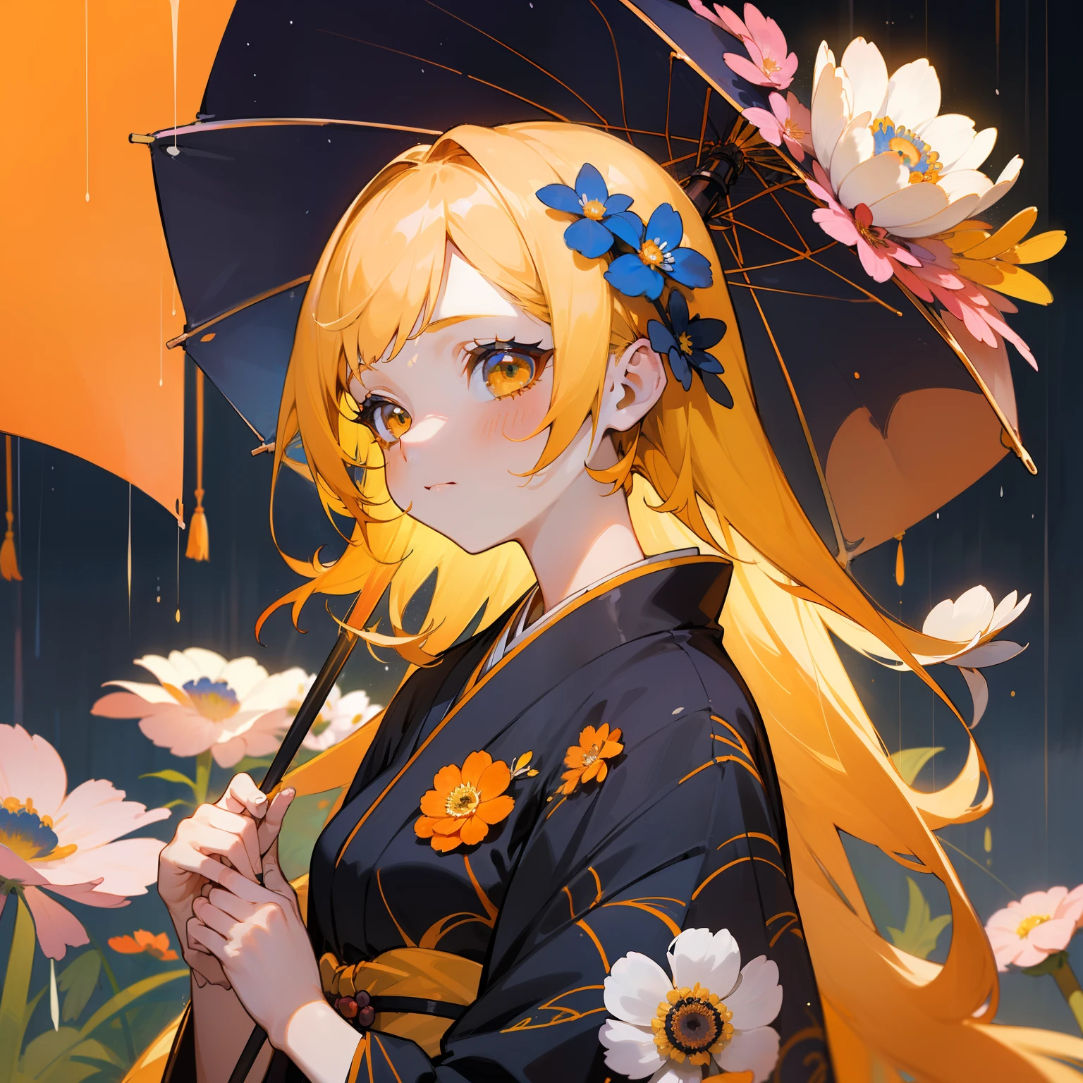 (Beautifully Aesthetic:1.2)、(1girl in:1.3)、(colourful hair、Half orange and half yellow hair:1.2)、Eau、natta、colourfull、Orange and yellow anemone flowers bloom、Anemone blooming on the hair、natta、beautiful night、starrysky、rain is falling、Sateen、Fantastic night、Japanese dress