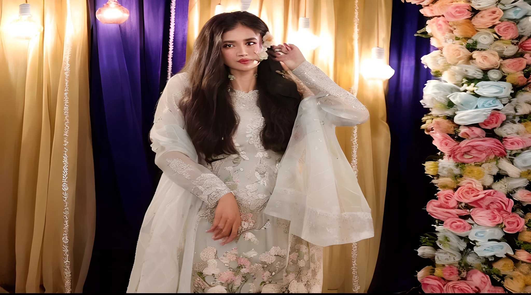 araffe woman in a white dress standing in front of a floral arch, ao dai, 🤬 🤮 💕 🎀, colour, wearing organza gown, wearing a silk kurta, inspired by Ambreen Butt, idian dress, with flowers, nivanh chanthara, traditional dress, south east asian with long, mid shot portrait, ethereal!!!!!!!
