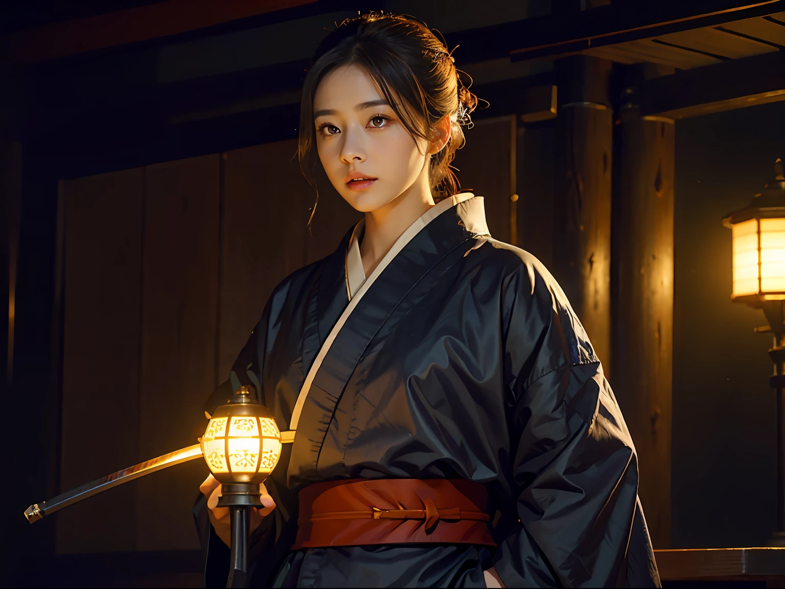 Very Beautiful princesse glowing eyes face super detailed hyper realistic master piece scene environnement Dynamic shot full kimono samurai Wear covers whole body