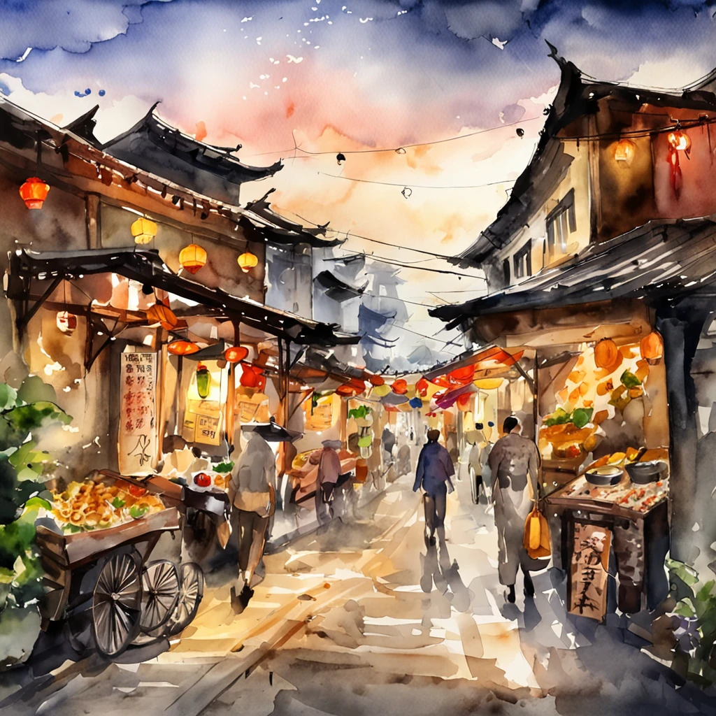 An arafed view of a night market，a lot of lights on the buildings，Firefly lamps，Fantastic Taiwanese town，Old fashioned street，Amazing wallpapers，Watercolor style town，Night market vegetable market old street，There are bicycles,  Well-lit building, early evening,  Beautiful and aesthetic, photography of, cinematic ligh, 8K, high detal