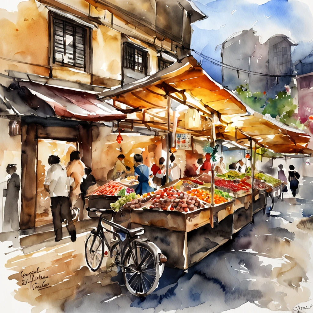 An arafed view of a night market,a lot of lights on the buildings,Firefly lamps,Fantastic Taiwanese town,Old fashioned street,Amazing wallpapers,Watercolor style town,Night market vegetable market old street,There are bicycles, Well-lit building, early evening, Beautiful and aesthetic, photography of, cinematic ligh, 8K, high detal