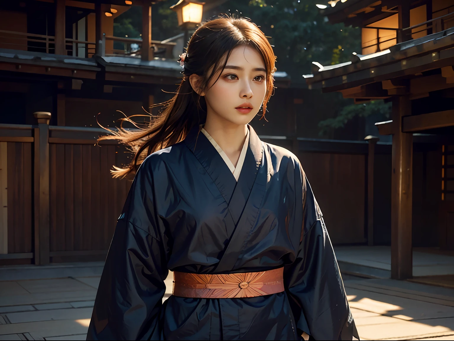 Very Beautiful princesse glowing eyes face super detailed hyper realistic master piece scene environnement Dynamic shot full kimono samurai Wear covers whole body