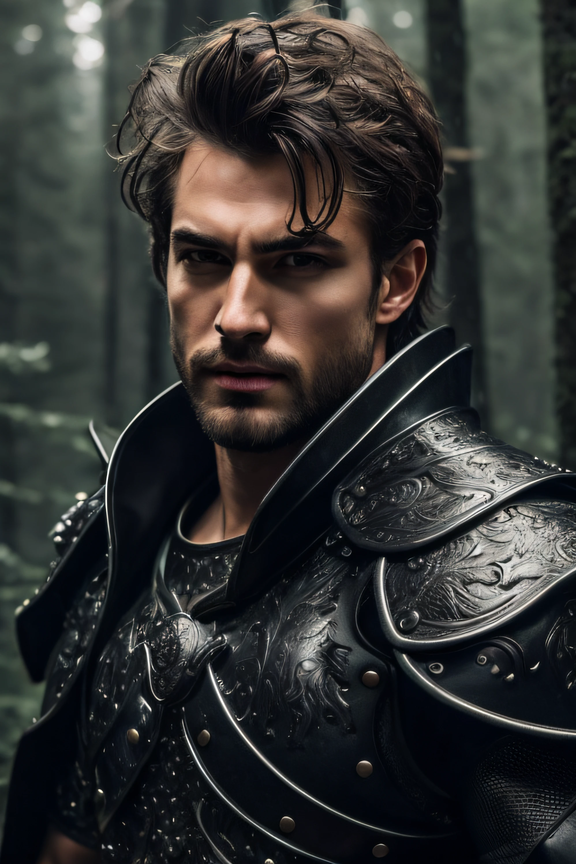 ultra detailed 8k cg, perfect face, insanely handsome face, mature male, armor, revealing clothes, spotlight, looking at viewer, hyperrealistic, masculine power, sassy look, elegant, forest background, rain, foggy, short messy hair