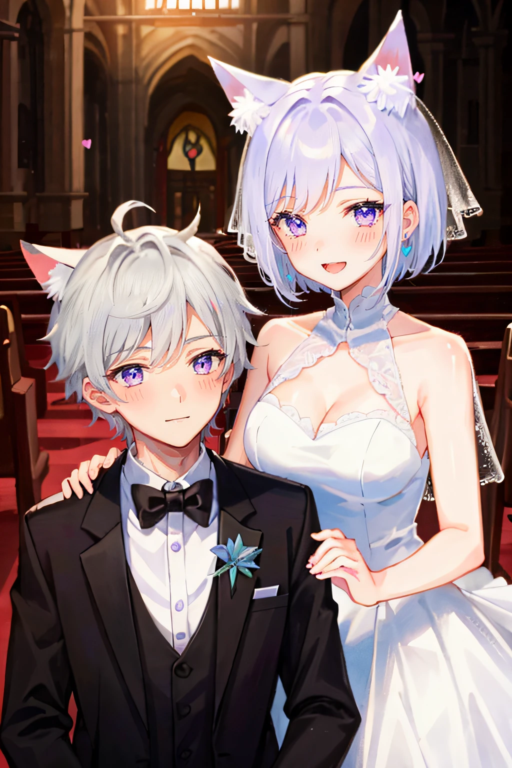 (1boy and 1girl),(girl with rabbit ears:1.2),(boy with wolf ears:1.5),short hair, silver hair, white hair, purple eyes, masterpiece, pov, medium breast, absurdres, messy hair, cute smile, winking, blushing, nice hands, boy in a tuxedo suit, girl in a wedding dress, holding hands, (heart in the pupils:0.2), floating heart, heart earrings, white hair, full-face blush, looking at each other, face-to-face, the church pipe organ can be seen in the background.