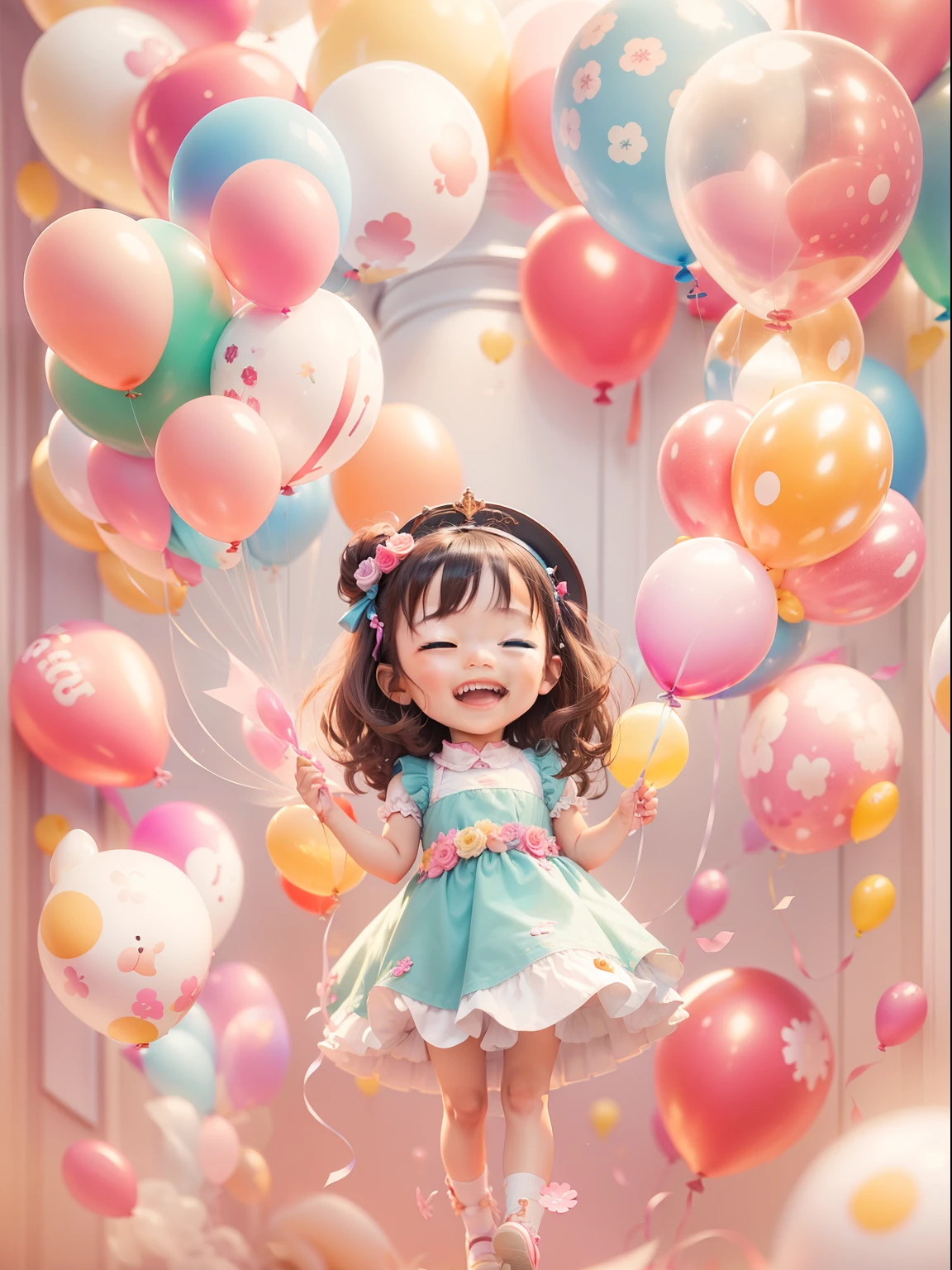 A cute naughty girl standing under a tree with balloons plays faster,