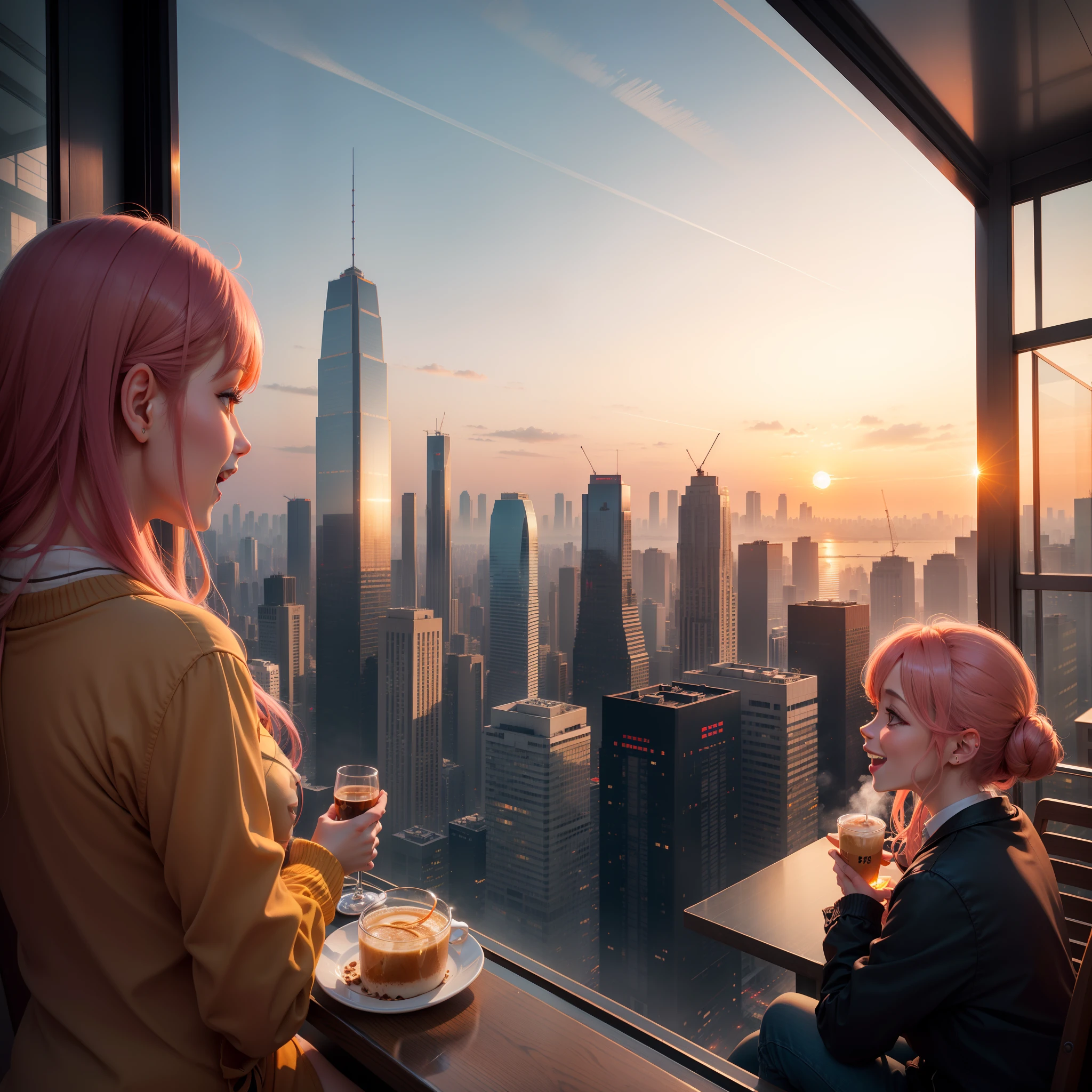 at the sunset, 城市, Skyscrapers, a person々Flow of, Building windows, Warm light, walkway, a person々, cafe terrace, Friends, Laughing, Skysky, an orange, pink there, tints, Urban hustle and bustle, Beautiful sunset, harmony