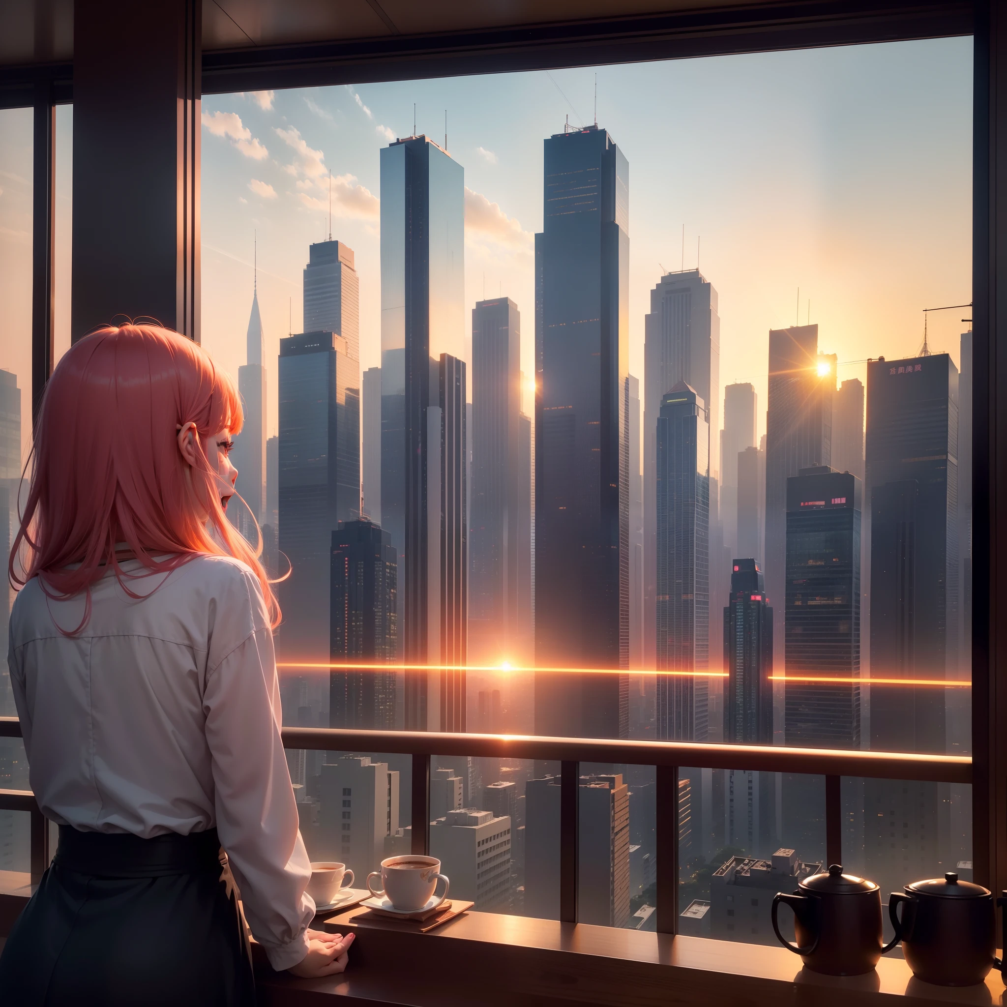 at the sunset, 城市, Skyscrapers, a person々Flow of, Building windows, Warm light, Walkway, a person々, cafe terrace, Friends, Laughing, Skysky, an orange, pink there, tints, Urban hustle and bustle, Beautiful sunset, harmony