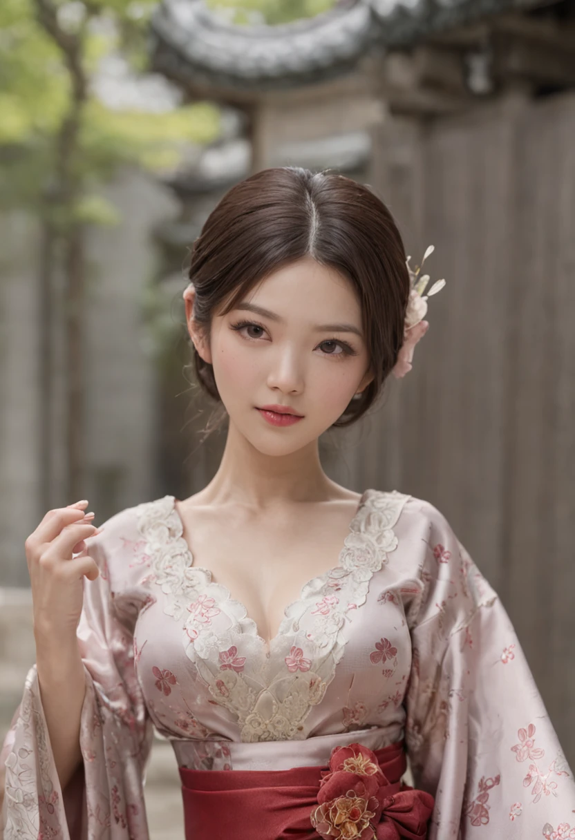 8k super-resolution、Beautuful Women、One lady、dark brown hair:1.1、hyperdetailed face、Detailed lips、significant、(Eyes are in focus)、二重まぶた、Eyes of the Princess、 beautfull Japanease woman、Beautiful Japan Lady、 sensual lip、Bewitching body、Bust Size 82、8 class large、Stand forward with a good balance between left and right、in her 20s、(Female, 22 years old)、Perspective、Lovely smile, Detailed Japan kimono in black-red-yellow-purple、Ultra-realistic and detailed floral pattern and shiny knots、Sharp Images、Detailed eye shine、Detailed back background in Kyoto's Arashiyama Park、Wearing nice Japanese pattern sandals、Natural hand shape