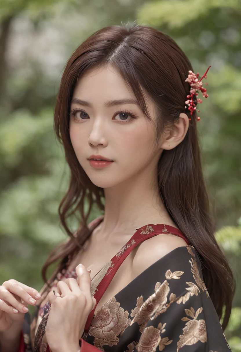 8k super-resolution、Beautuful Women、One lady、dark brown hair:1.1、hyperdetailed face、Detailed lips、significant、(Eyes are in focus)、二重まぶた、Eyes of the Princess、 beautfull Japanease woman、Beautiful Japan Lady、 sensual lip、Bewitching body、Bust Size 82、8 class large、Stand forward with a good balance between left and right、in her 20s、(Female, 22 years old)、Perspective、Lovely smile, Detailed Japan kimono in black-red-yellow-purple、Ultra-realistic and detailed floral pattern and shiny knots、Sharp Images、Detailed eye shine、Detailed back background in Kyoto's Arashiyama Park、Wearing nice Japanese pattern sandals、Natural hand shape