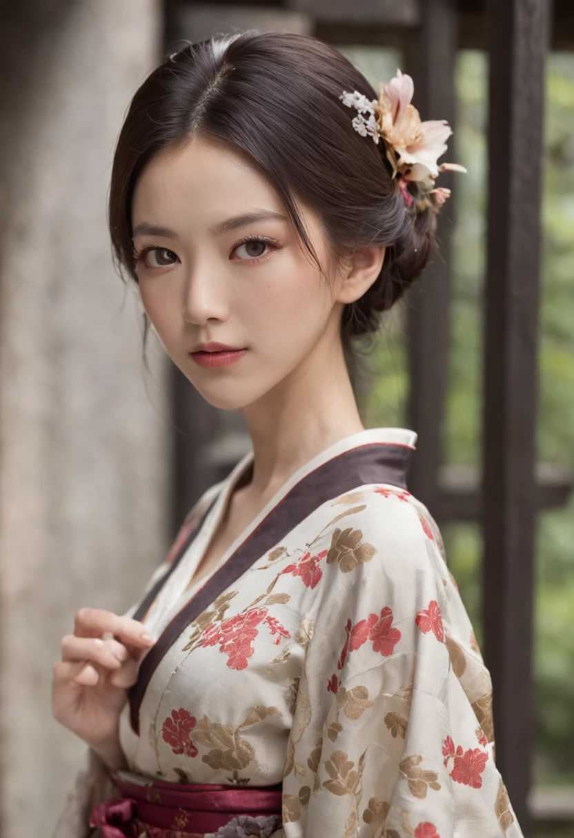 8k super-resolution、Beautuful Women、One lady、dark brown hair:1.1、hyperdetailed face、Detailed lips、significant、(Eyes are in focus)、二重まぶた、Eyes of the Princess、 beautfull Japanease woman、Beautiful Japan Lady、 sensual lip、Bewitching body、Bust Size 82、8 class large、Stand forward with a good balance between left and right、in her 20s、(Female, 22 years old)、Perspective、Lovely smile, Detailed Japan kimono in black-red-yellow-purple、Ultra-realistic and detailed floral pattern and shiny knots、Sharp Images、Detailed eye shine、Detailed back background in Kyoto's Arashiyama Park、Wearing nice Japanese pattern sandals、Natural hand shape