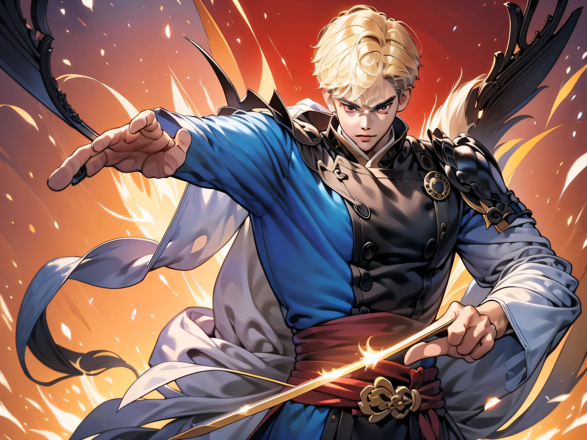 Highly detailed anime men:1.5，Anime character with sword and armor in front of red background, Handsome Man in Demon Killer Art, heise jinyao, handsome japanese demon boy, keqing from genshin impact, Zhao Yun, onmyoji detailed art, shirow masamune, inspired by Guan Daosheng, by Yang J, xianxia hero, badass anime 8 K