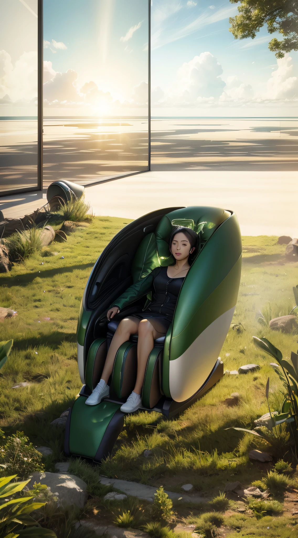There was a woman sitting on a green and white chair, healing pods, um ciborgue meditando, humans sleeping in healing pods, author:Chass is silent, sitting on top of a cryopod, Emma Watson(Emma Watson)Served as Avocado Chair, 🤬 🤮 💕 🎀, author:Jacob Galmain, relaxing, author:Kurt Roesch, placed in a lush forest