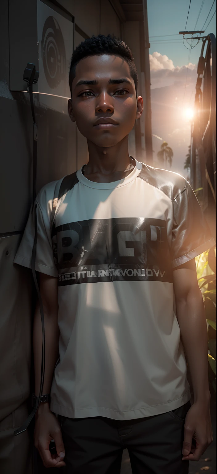 Generate a 3d image of boy age , wearing black sunglasses, black jacket and going into th jungle