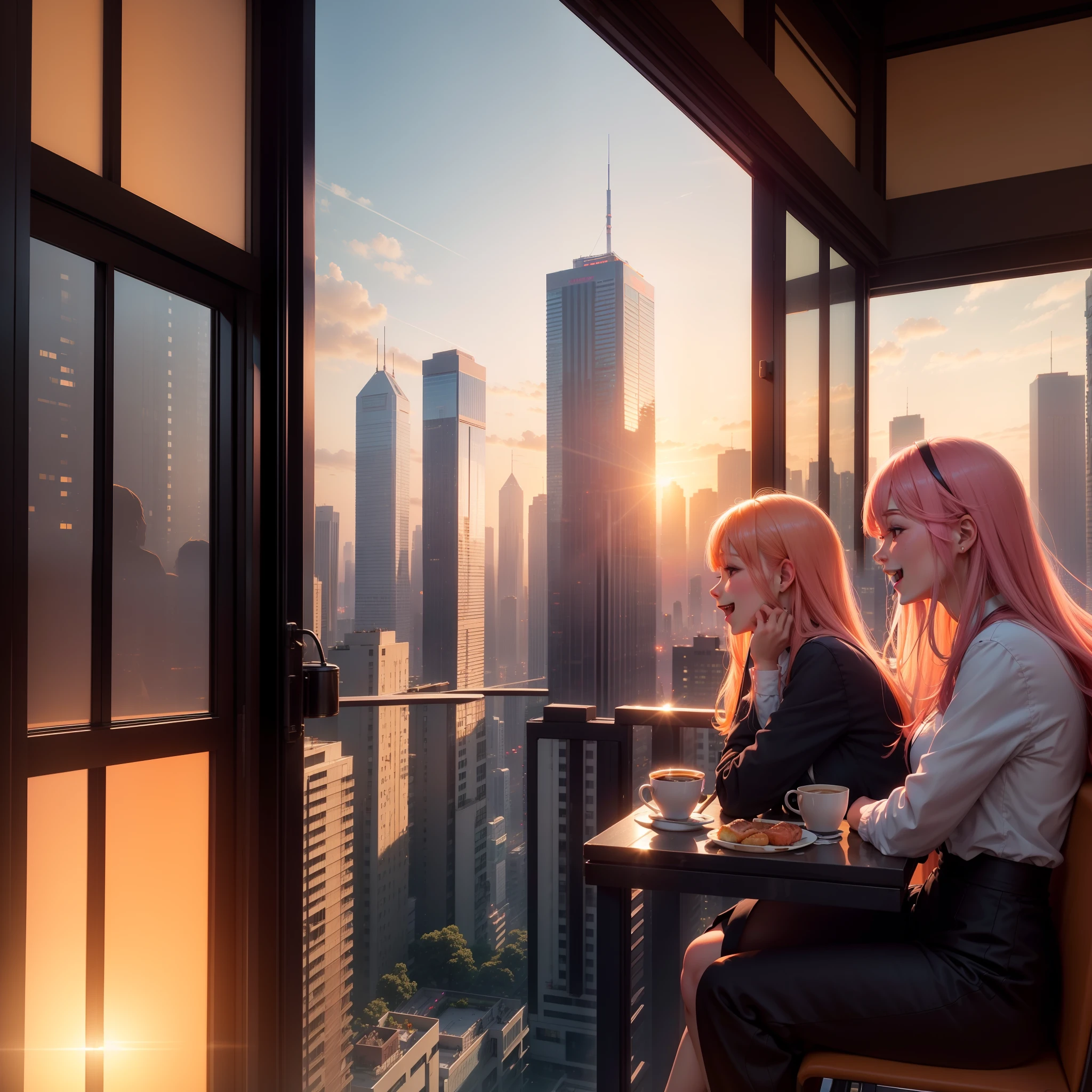 at the sunset, 城市, Skyscrapers, a person々Flow of, Building windows, Warm light, walkway, a person々, cafe terrace, Friends, Laughing, Skysky, an orange, pink there, tints, Urban hustle and bustle, Beautiful sunset, harmony